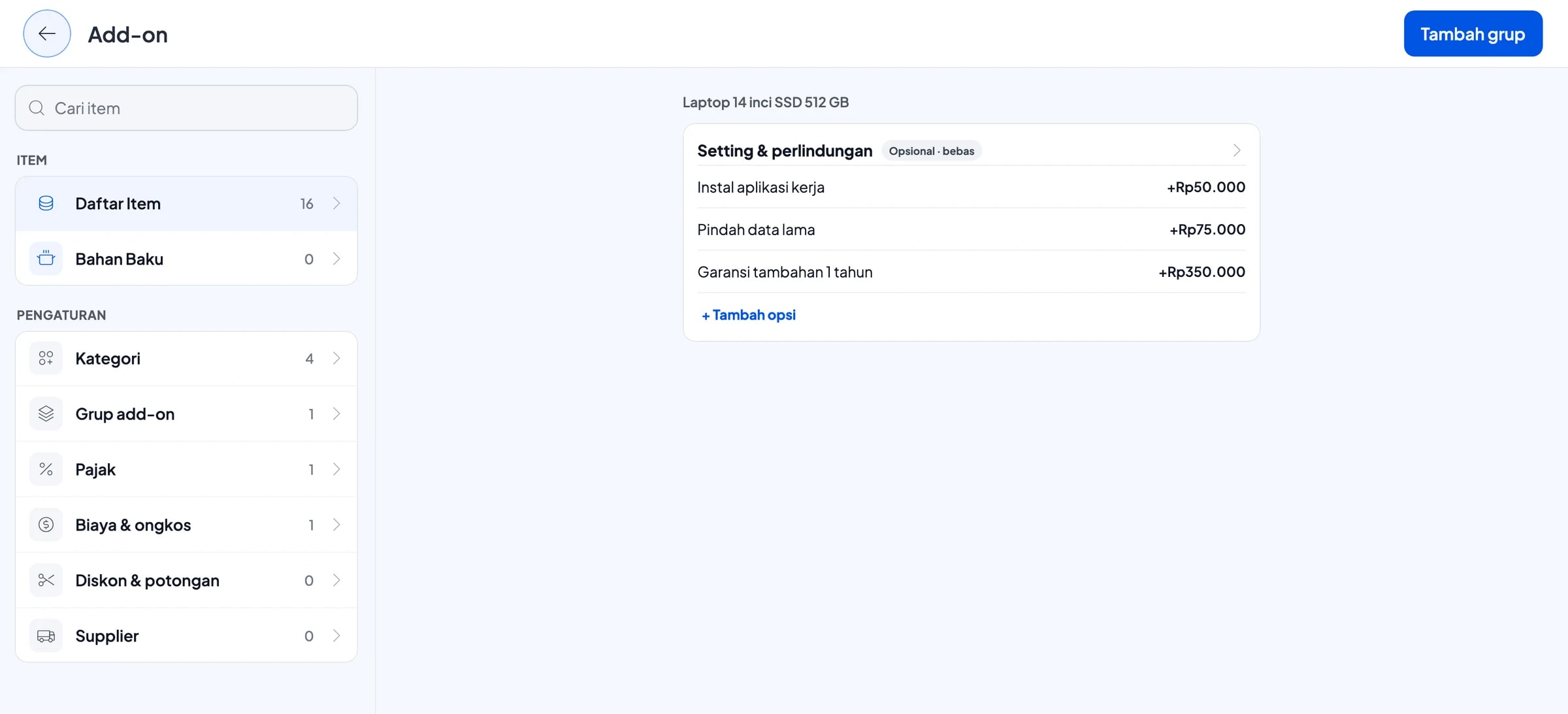 Grup add-on Setting & perlindungan untuk Laptop 14 inci: instal aplikasi kerja, pindah data lama, garansi tambahan 1 tahun