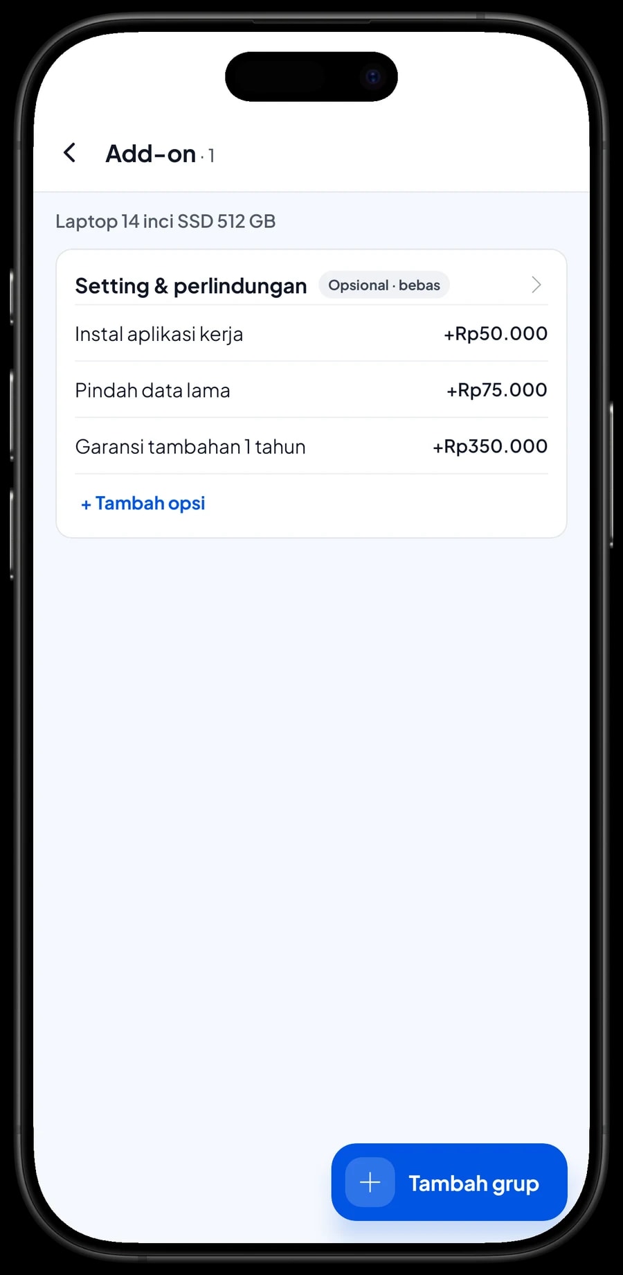 Grup add-on Setting & perlindungan untuk Laptop 14 inci: instal aplikasi kerja, pindah data lama, garansi tambahan 1 tahun