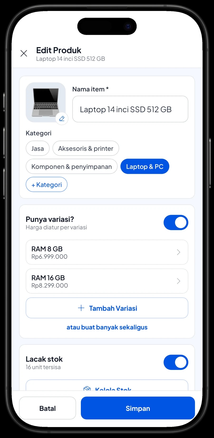 Edit item Laptop 14 inci SSD 512 GB dengan varian RAM 8 GB dan RAM 16 GB, masing-masing dengan harganya