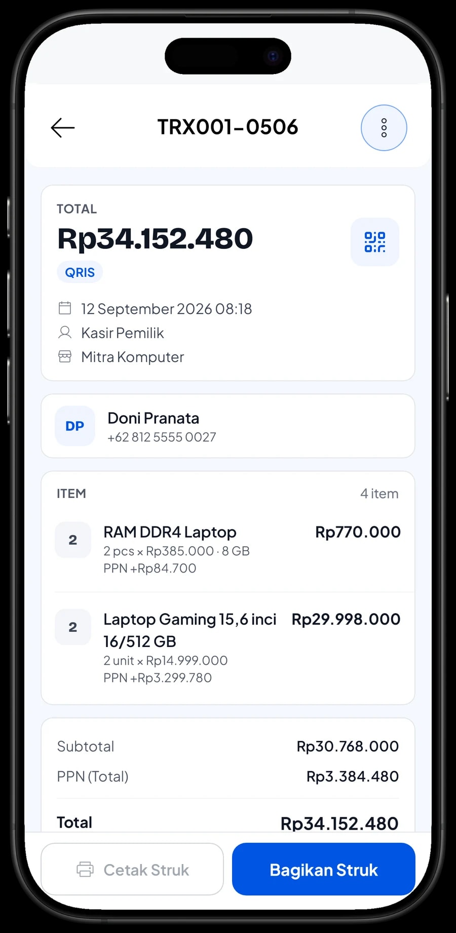 Daftar transaksi Mitra Komputer dengan detail satu penjualan: barang, PPN dan metode pembayaran