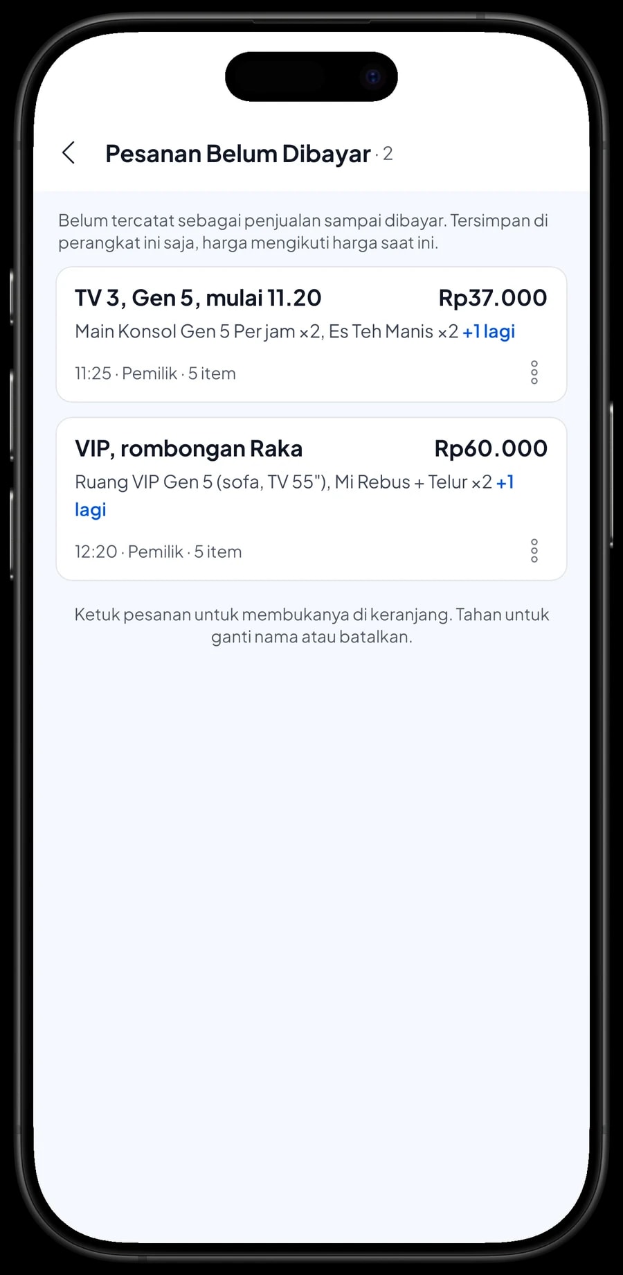 Daftar Pesanan Belum Dibayar: TV 3 main Gen 5 mulai 11.20 dan ruang VIP rombongan Raka