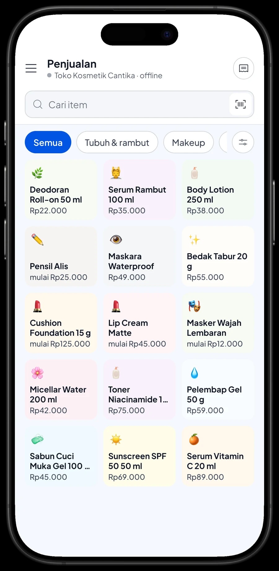 Layar Penjualan Toko Kosmetik Cantika dengan produk perawatan wajah dan makeup di keranjang