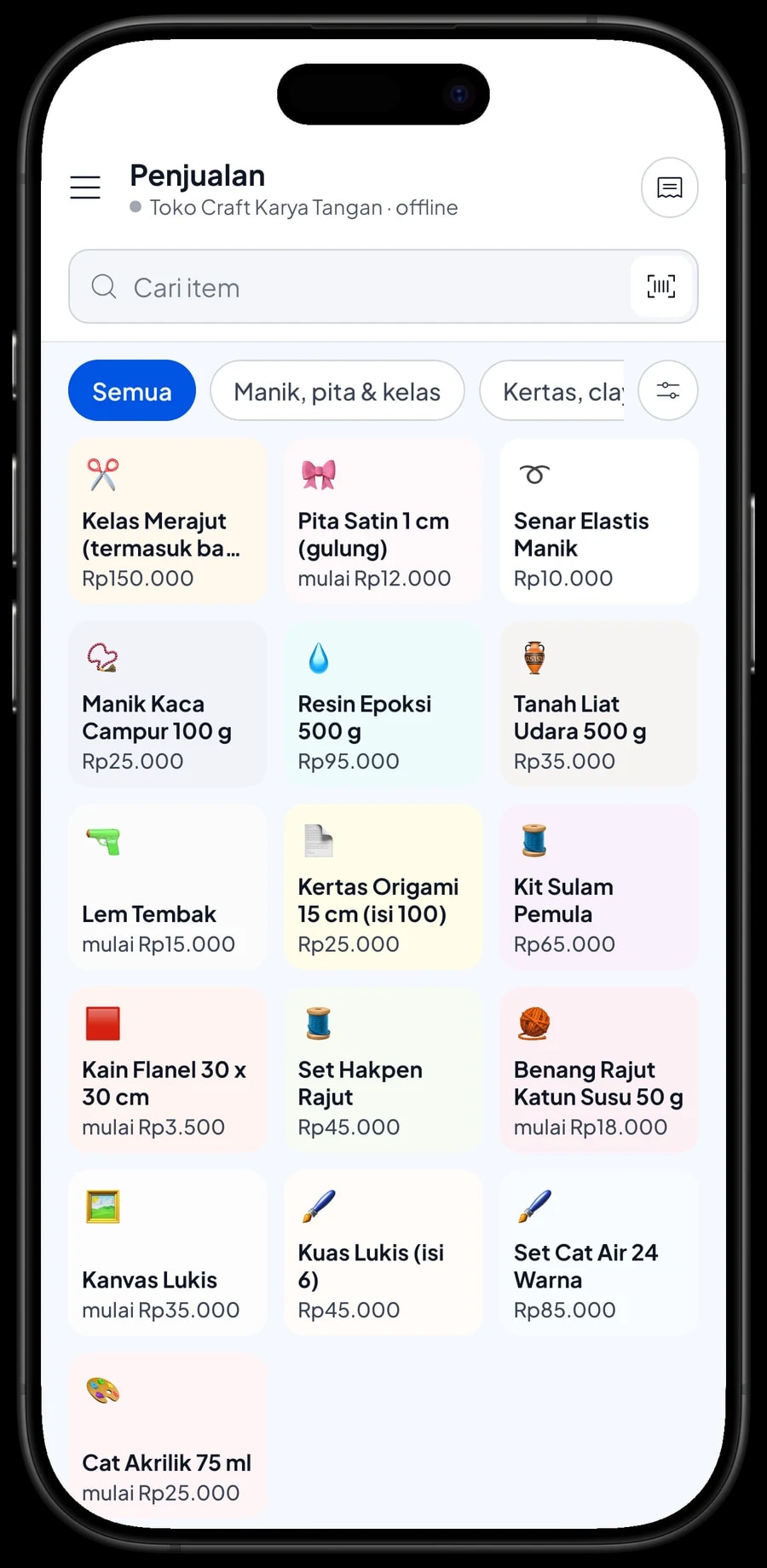 Layar Penjualan Toko Craft Karya Tangan dengan tab Cat & kanvas, Benang, flanel & sulam dan keranjang berisi