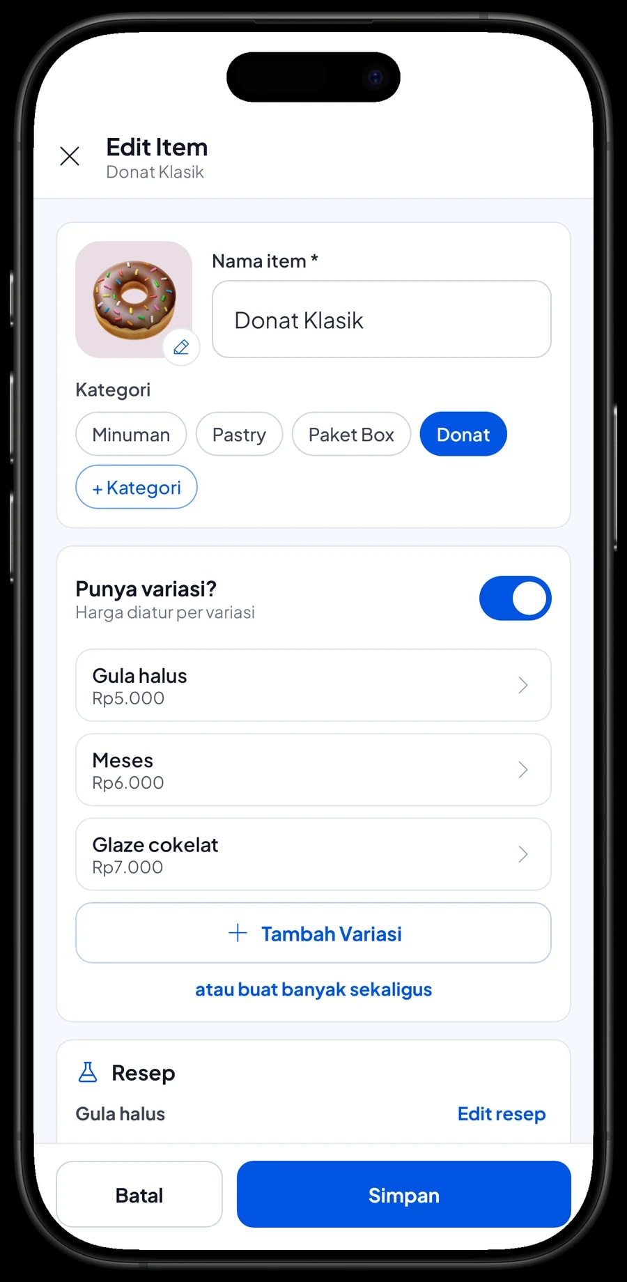 Edit item Donat Klasik: varian Gula halus, Meses dan Glaze cokelat, masing-masing dengan harga sendiri