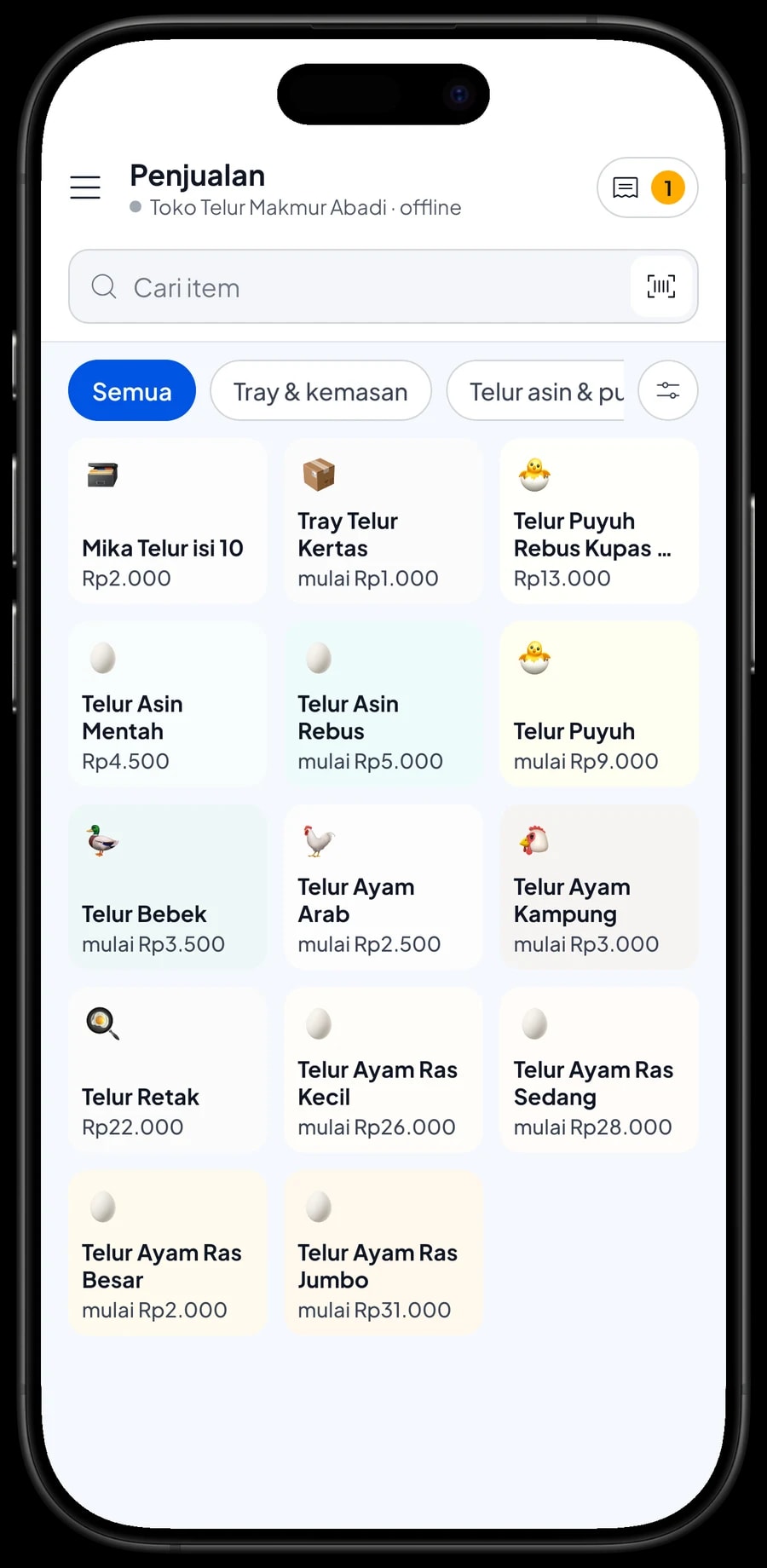 Layar Penjualan Toko Telur Makmur Abadi dengan kategori telur ayam ras, kampung, bebek dan tray, serta keranjang pembeli