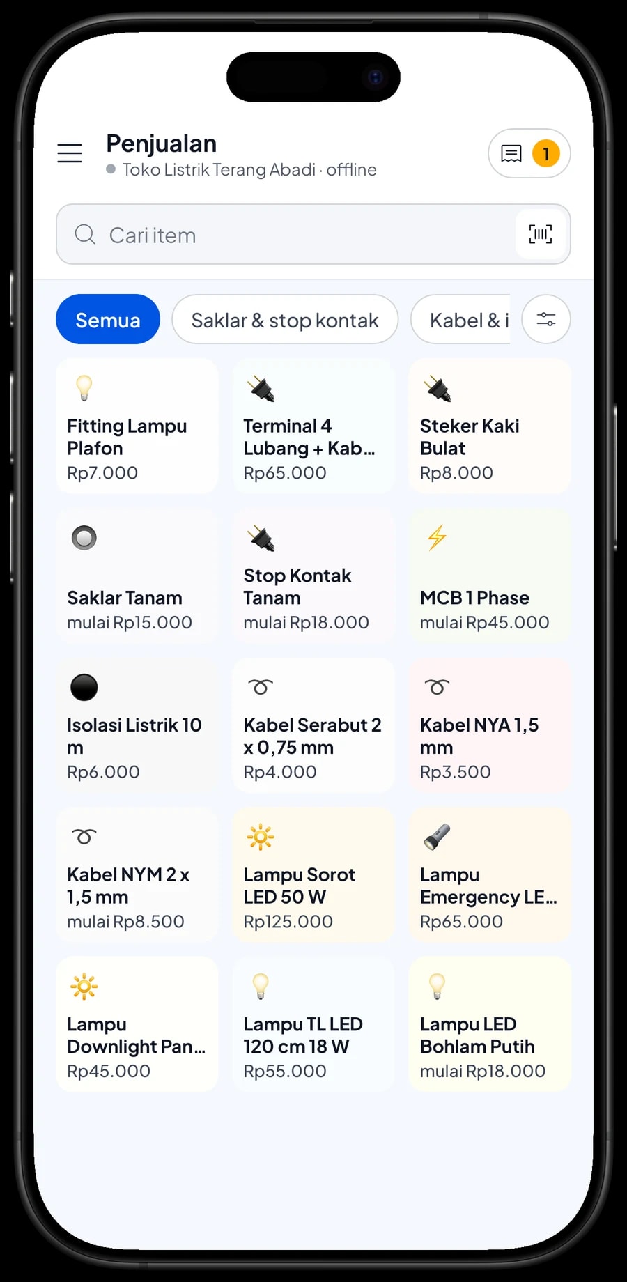 Layar Penjualan Toko Listrik Terang Abadi dengan tab Lampu, Kabel & instalasi dan Saklar & stop kontak