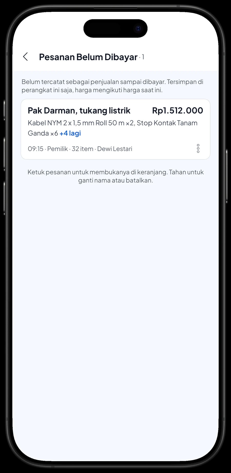 Daftar Pesanan Belum Dibayar dengan keranjang tersimpan atas nama Pak Darman, tukang listrik