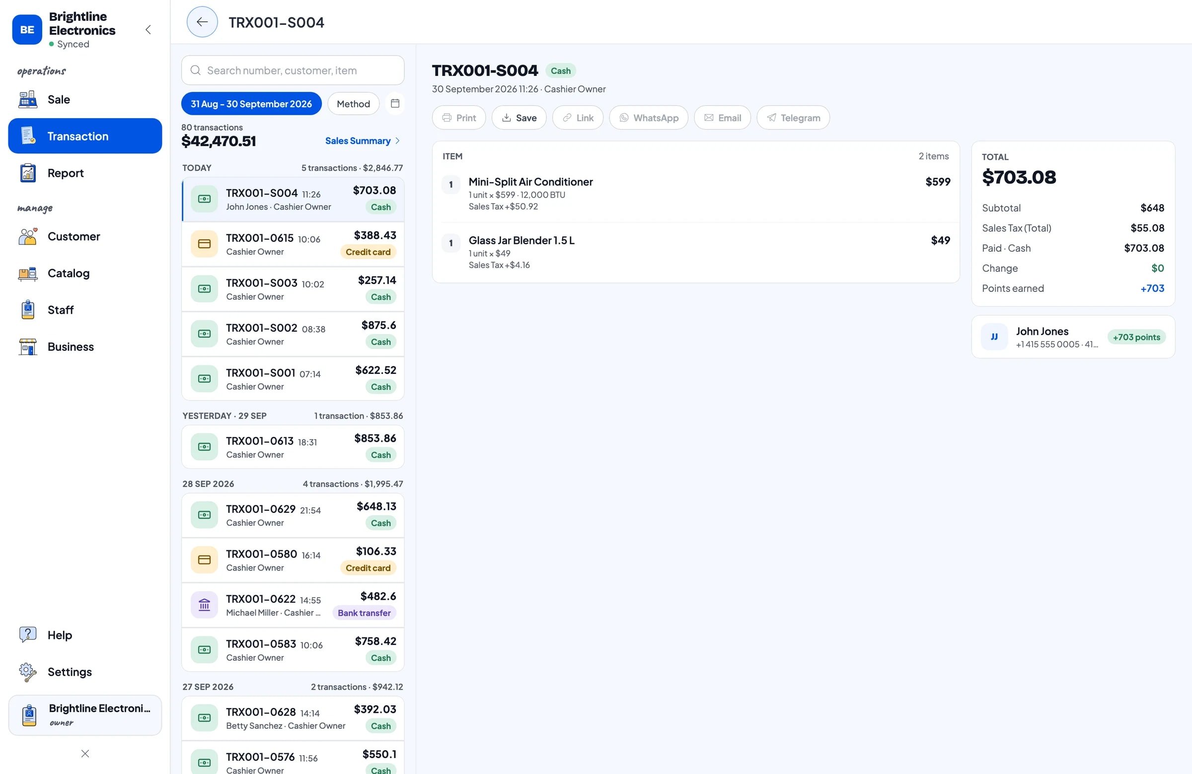 Brightline Electronics' transaction list with one sale open: items, sales tax, payment method and total