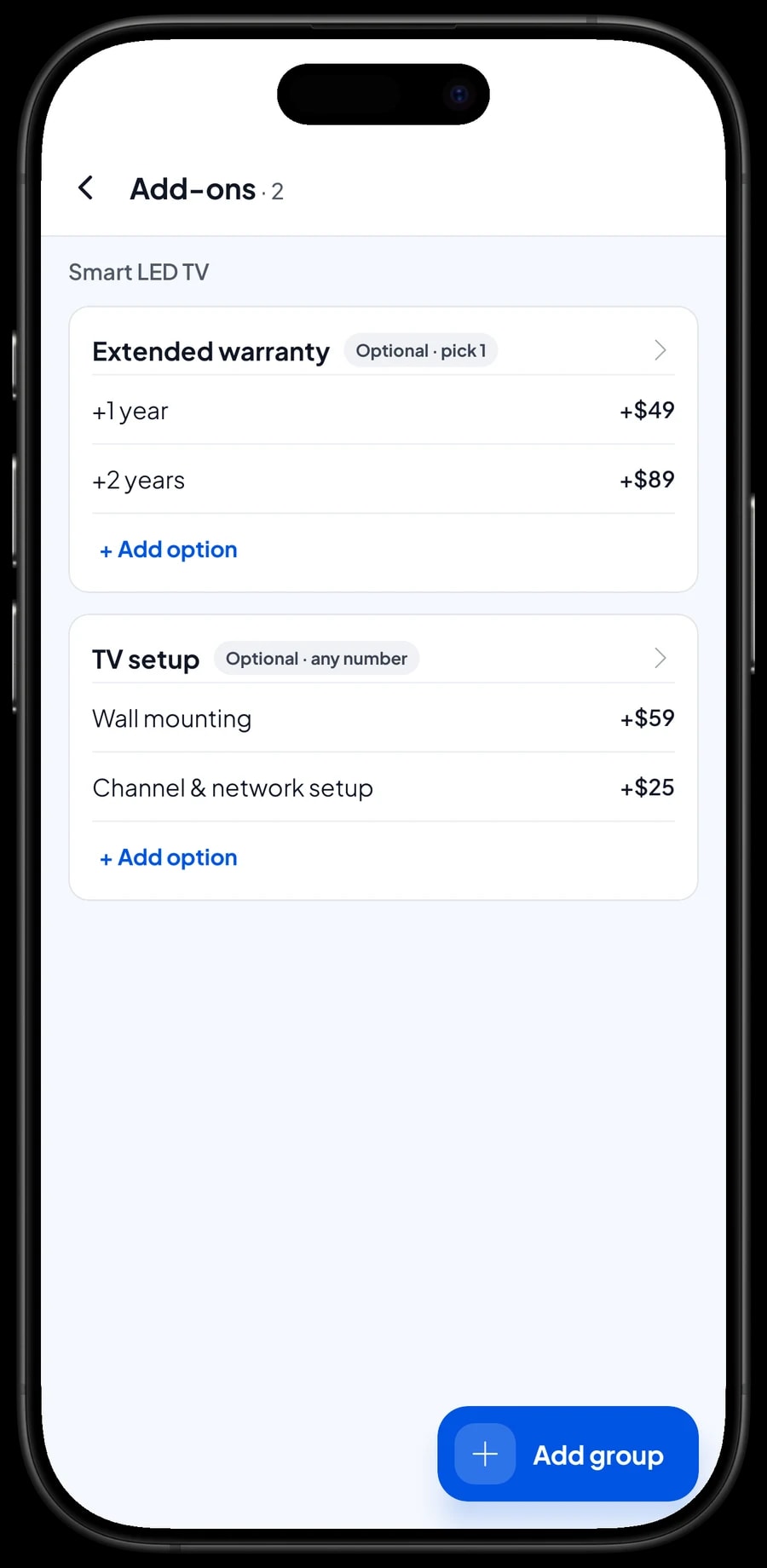 Add-ons on Smart LED TV: extended warranty of 1 or 2 years, plus wall mounting and channel setup