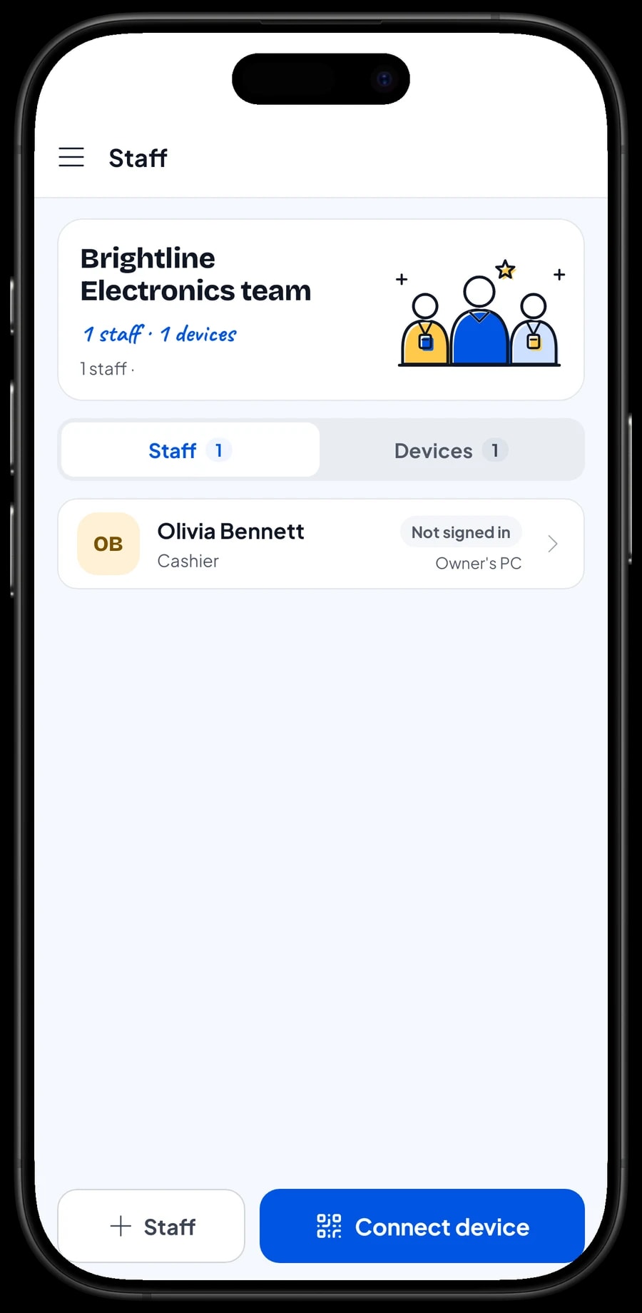 Staff sign-in on a cashier device: pick the staff member, then sign in with a PIN