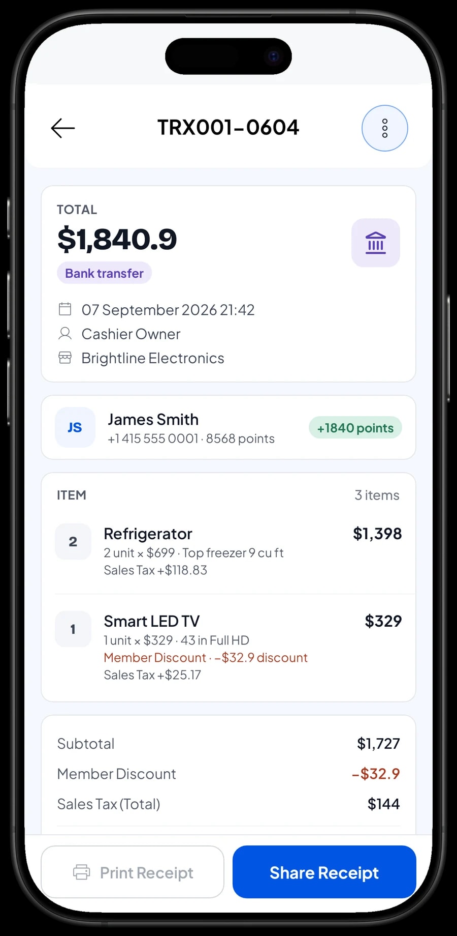 Brightline Electronics' transaction list with one sale open: items, sales tax, payment method and total