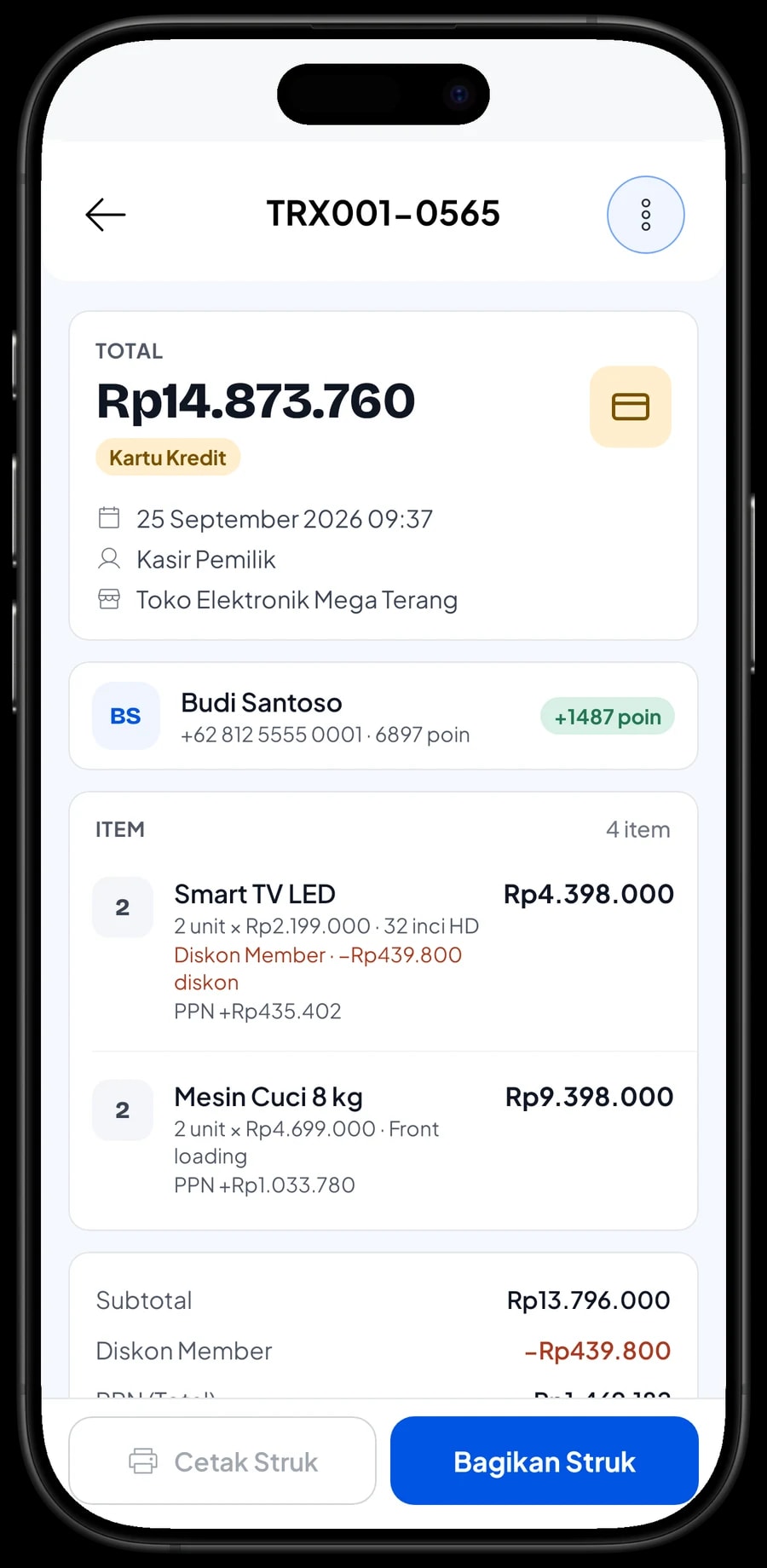 Daftar transaksi Toko Elektronik Mega Terang dengan detail satu penjualan: item, PPN, metode bayar dan total