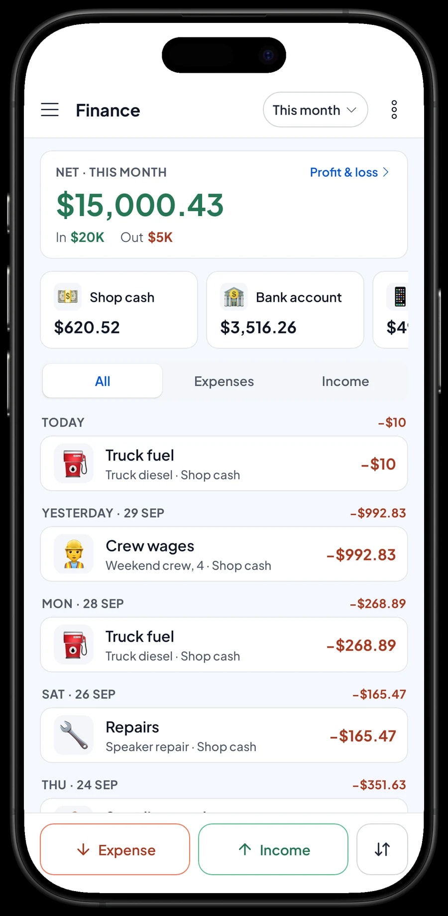 This month's expenses: crew wages, truck fuel, warehouse rent and repairs, with net profit
