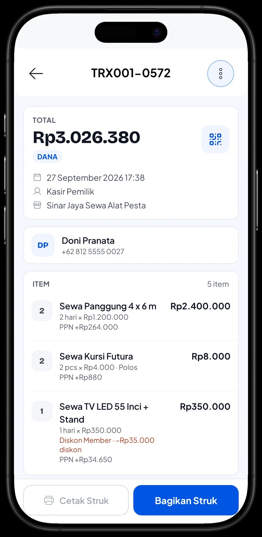 Detail satu transaksi sewa: barang yang disewa, pajak, metode bayar dan total