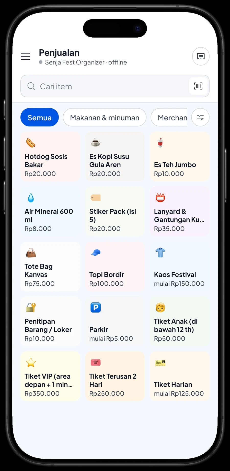 Layar Penjualan Senja Fest Organizer dengan keranjang pengunjung dan kategori tiket, merchandise serta makanan