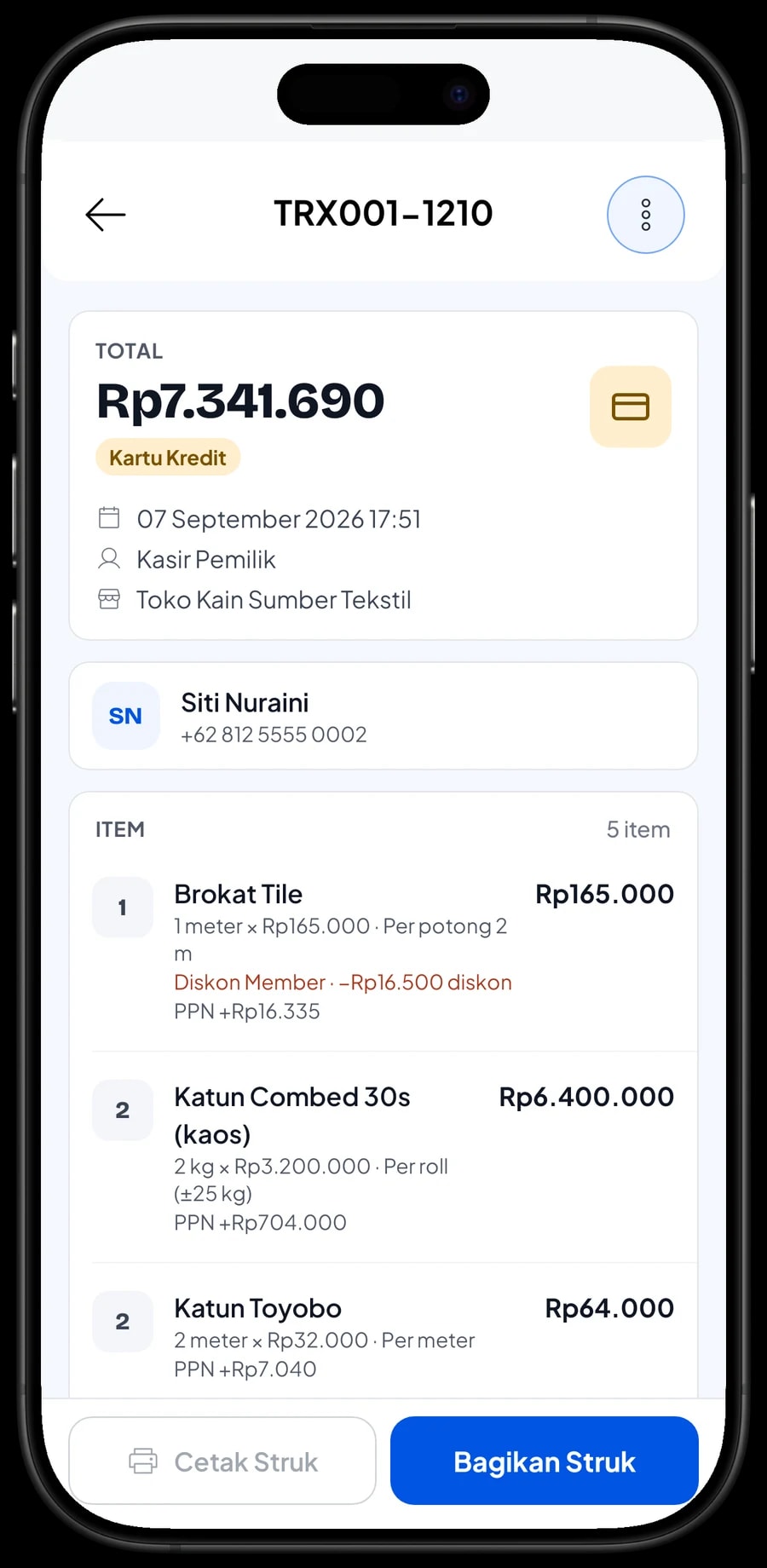 Detail transaksi: Brokat Tile varian Per potong 2 m, dengan diskon member dan PPN, dibayar tunai