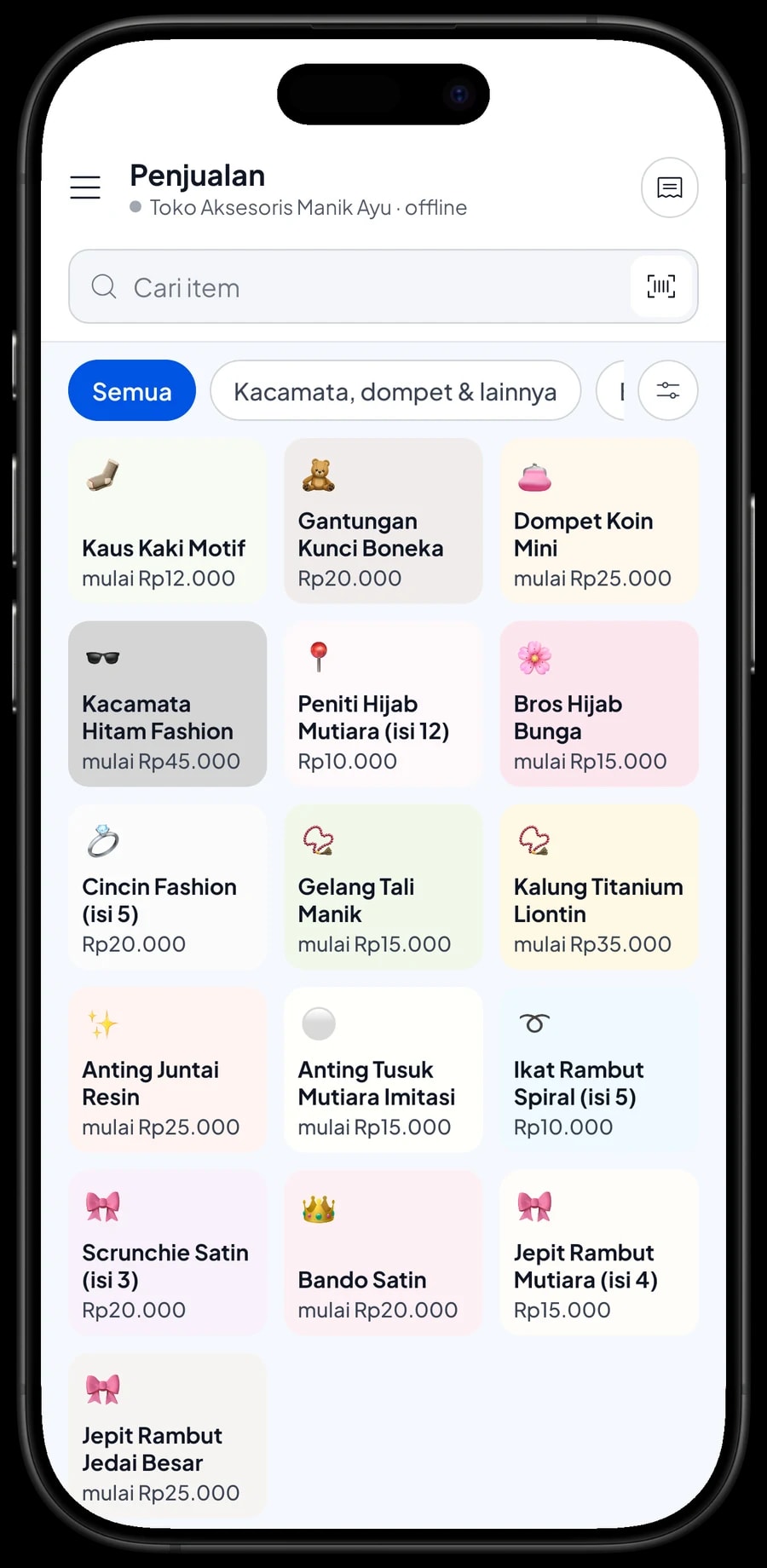 Layar Penjualan Toko Aksesoris Manik Ayu dengan poin pelanggan dan keranjang berisi Ikat Rambut Spiral dan Kaus Kaki Motif