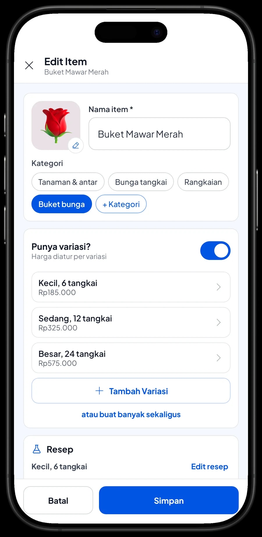 Edit item Buket Mawar Merah dengan varian Kecil 6 tangkai, Sedang 12 tangkai dan Besar 24 tangkai