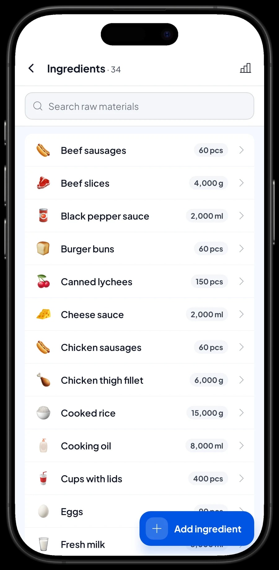 Rolling Rasa Food Truck's ingredient list with stock left: cooked rice, chicken thigh fillet, beef slices, squid and more