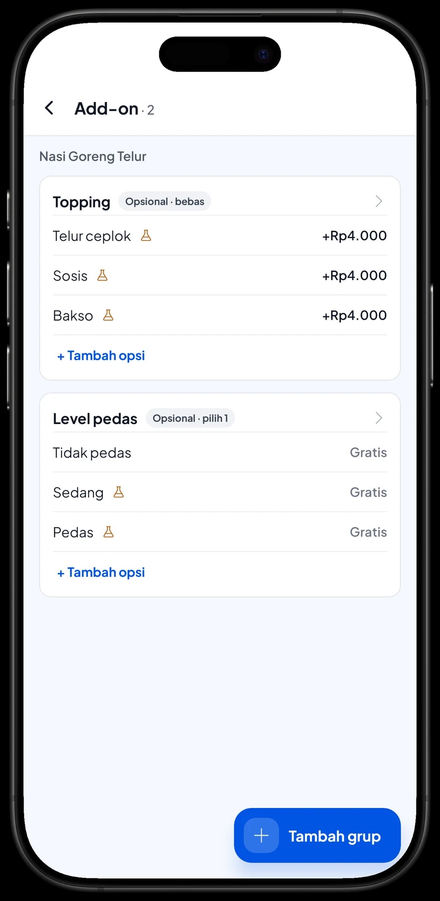 Grup add-on Nasi Goreng Telur: Topping telur ceplok, sosis dan bakso masing-masing +Rp4.000, serta Level pedas