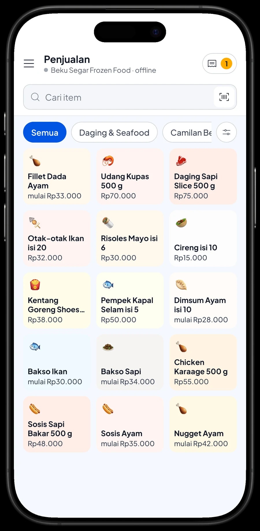 Layar Penjualan Beku Segar Frozen Food: Fillet Dada Ayam, Udang Kupas, Daging Sapi Slice dan camilan beku