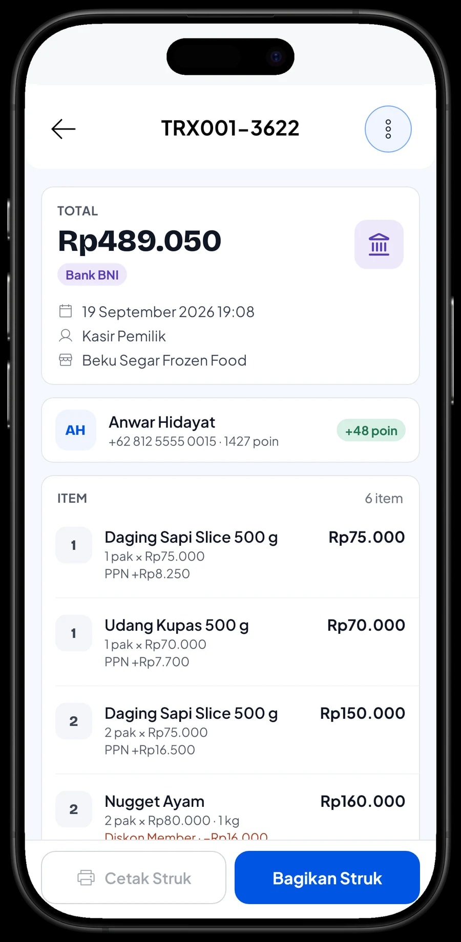 Detail transaksi pelanggan Tika Hartono: Fillet Dada Ayam 1 kg, Udang Kupas dan Bakso Sapi isi 50, dibayar QRIS