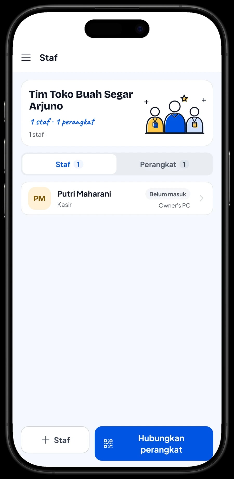 Staf masuk di perangkat kasir: pilih nama staf, lalu masuk dengan PIN