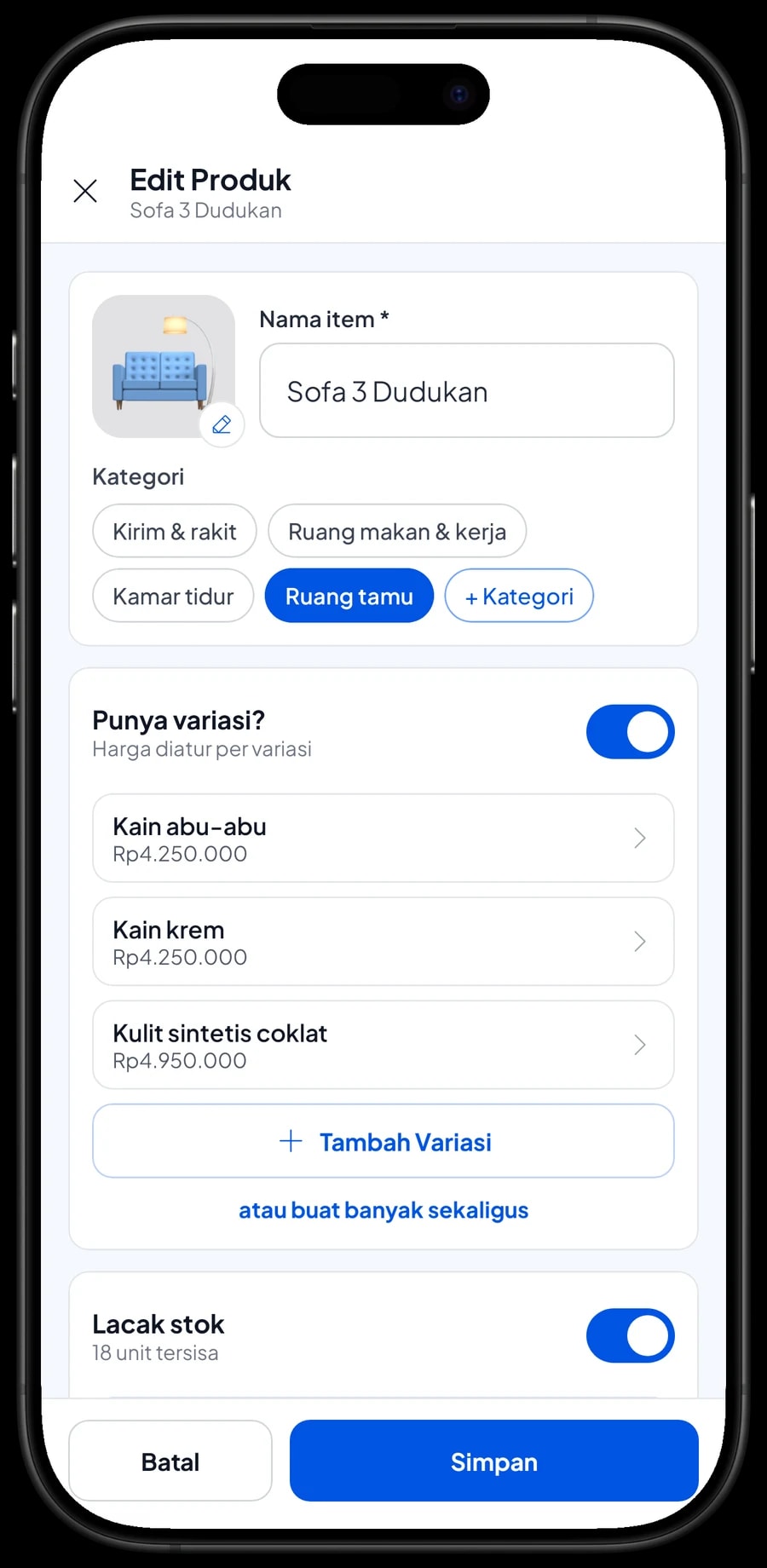 Edit item Sofa 3 Dudukan: varian kain abu-abu, kain krem dan kulit sintetis coklat dengan harga masing-masing