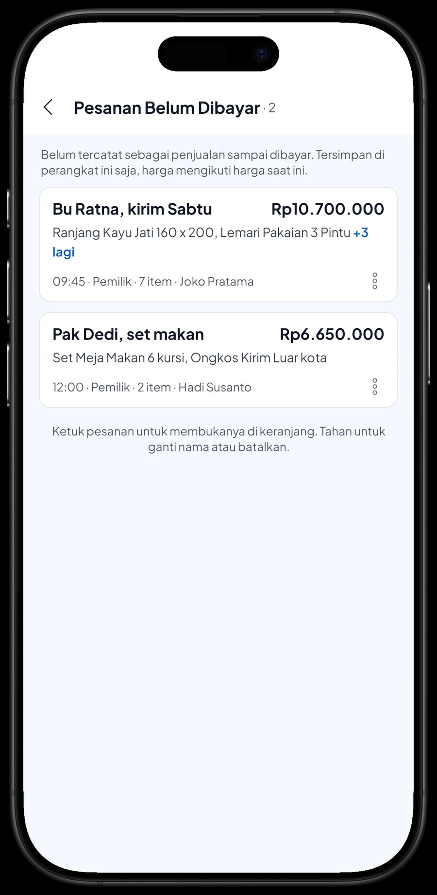 Pesanan Belum Dibayar: Bu Ratna kirim Sabtu dengan catatan sudah DP 30%, dan set makan Pak Dedi