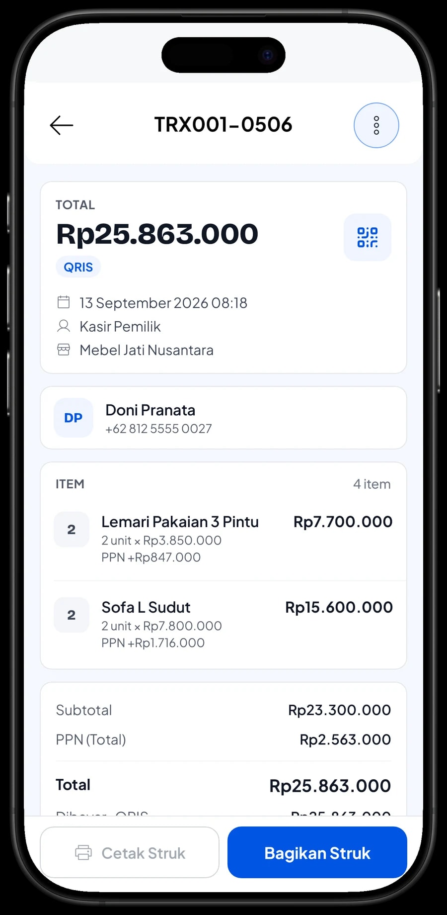 Detail satu penjualan Mebel Jati Nusantara: lemari 3 pintu, ongkos kirim luar kota, PPN dan metode bayar