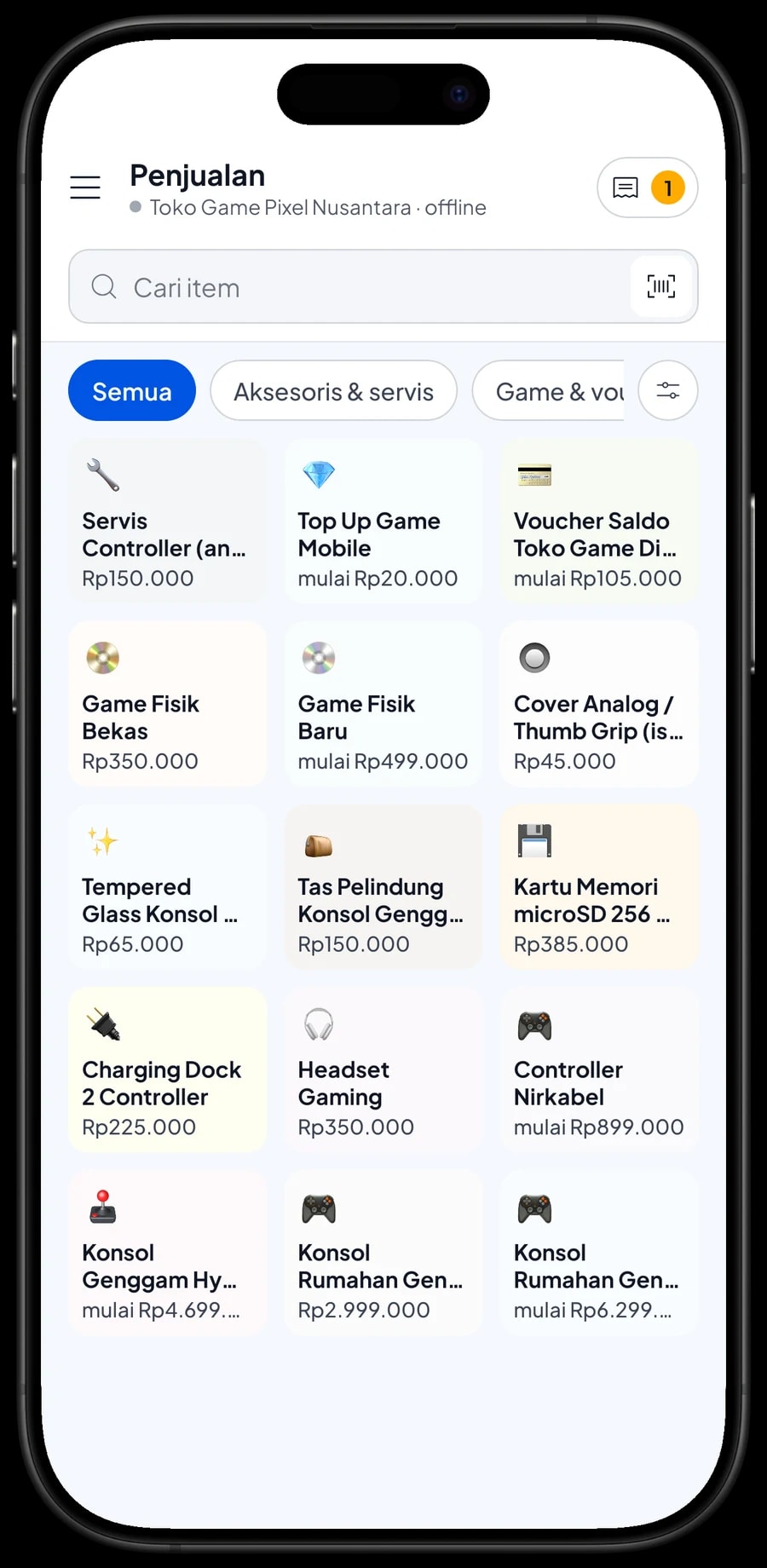 Layar Penjualan Toko Game Pixel Nusantara dengan tab Konsol, Game & voucher, dan Aksesoris & servis