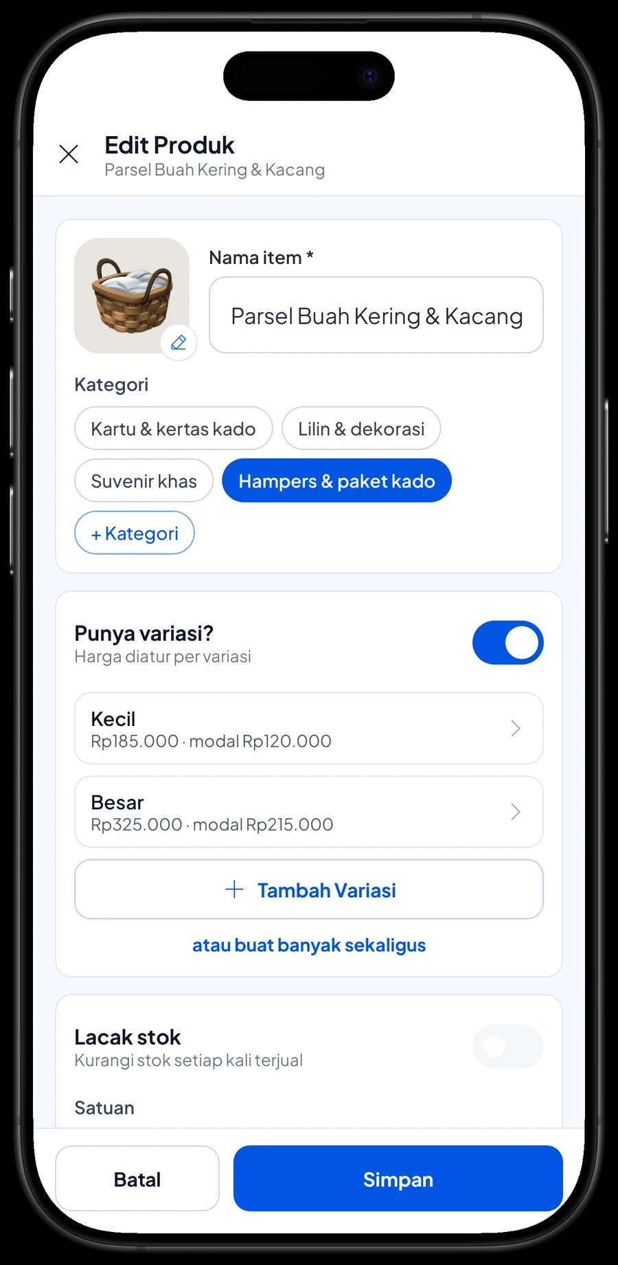 Edit item Parsel Buah Kering & Kacang dengan varian Kecil dan Besar, masing-masing dengan harga sendiri