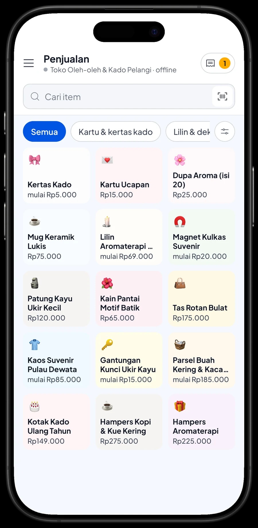 Layar Penjualan Toko Oleh-oleh & Kado Pelangi dengan hampers, suvenir, lilin dan kertas kado beserta harganya