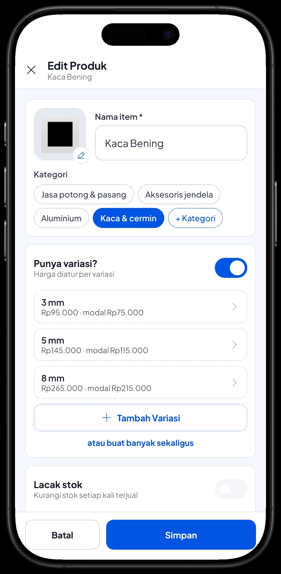 Edit item Kaca Bening dengan varian ketebalan 3 mm, 5 mm dan 8 mm, masing-masing dengan harga sendiri