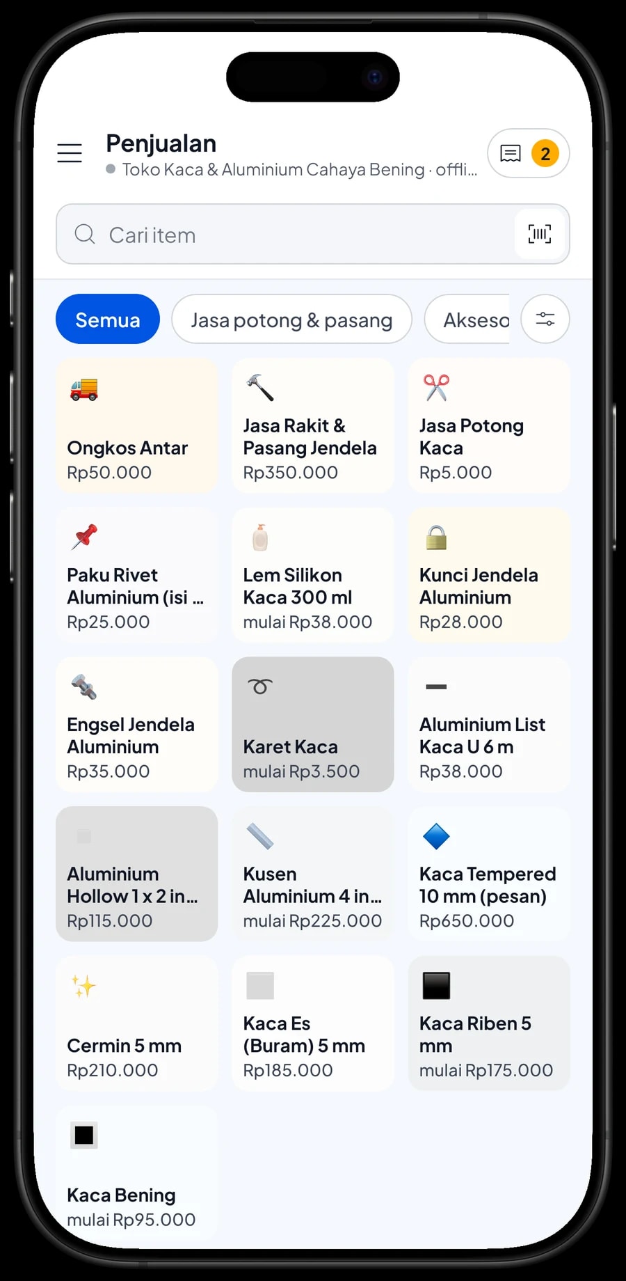 Layar Penjualan Toko Kaca & Aluminium Cahaya Bening: keranjang berisi Cermin 5 mm dan Kunci Jendela Aluminium