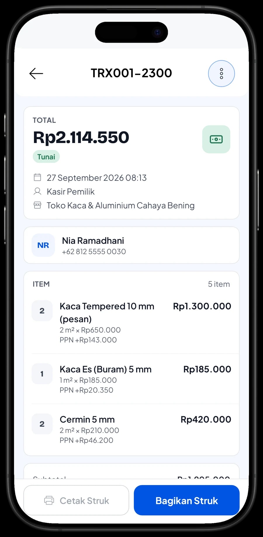 Detail transaksi QRIS: Cermin 5 mm dan Kaca Riben 5 mm Gelap, masing-masing 2 m², dengan PPN