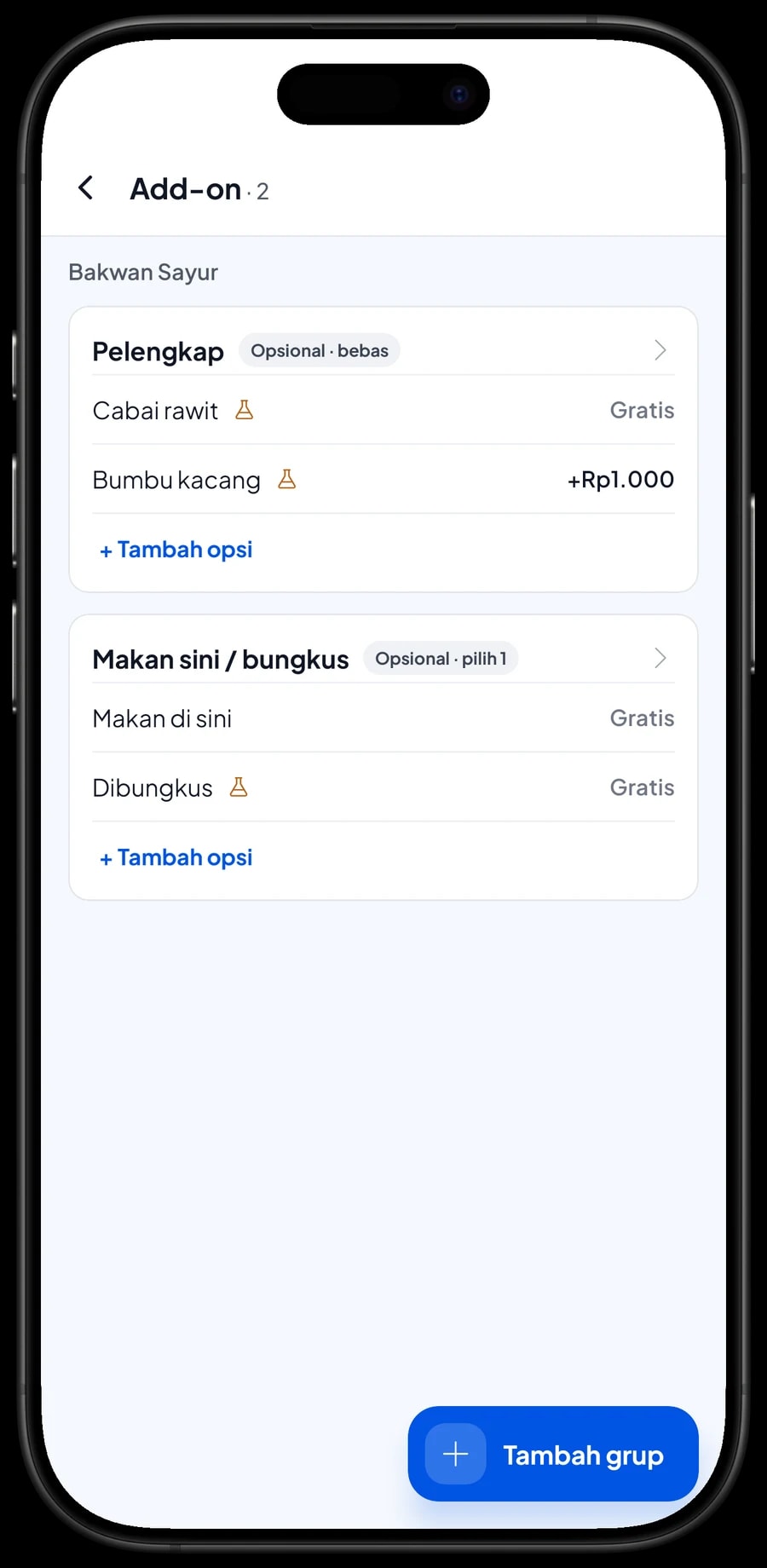 Add-on Bakwan Sayur: Pelengkap cabai rawit dan bumbu kacang, serta pilihan makan sini atau bungkus