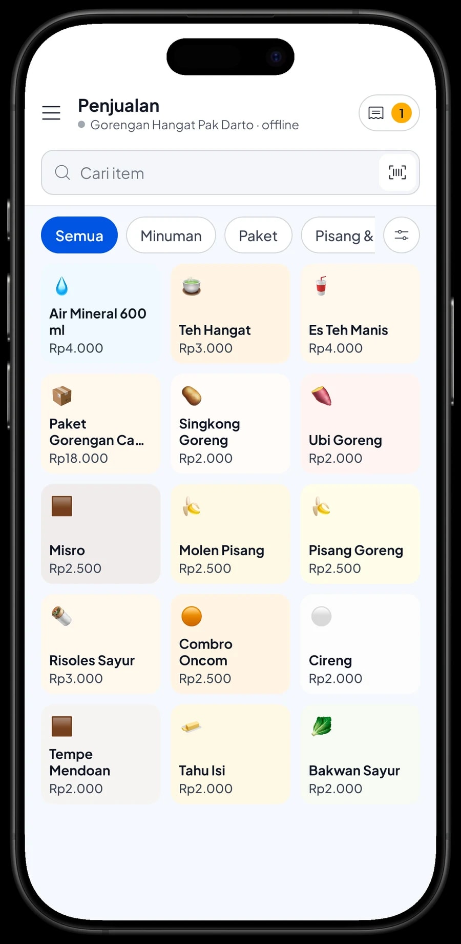 Layar Penjualan Gorengan Hangat Pak Darto: gorengan, paket dan minuman dengan harga per biji