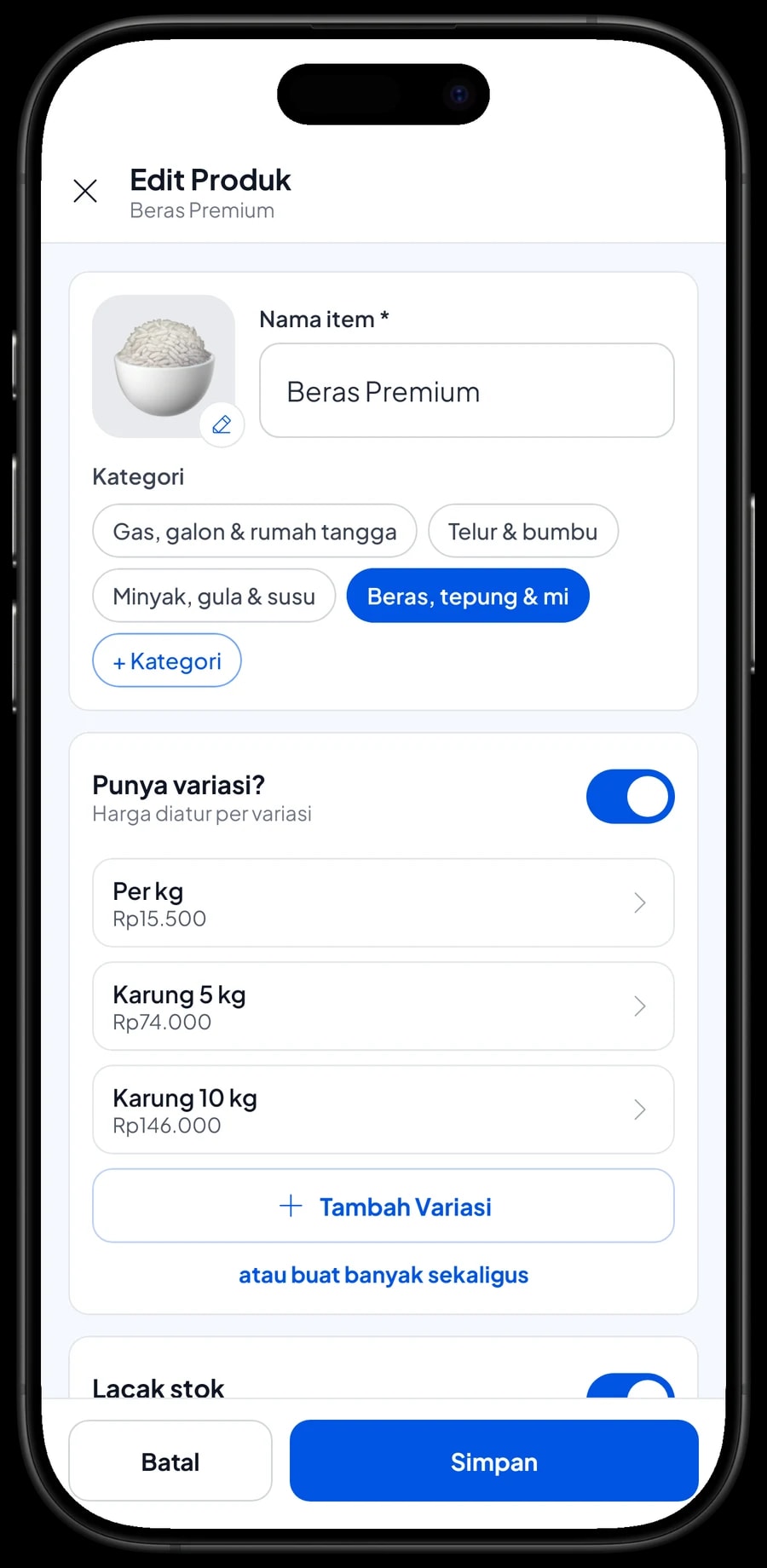 Edit item Beras Premium dengan varian Per kg Rp15.500, Karung 5 kg dan Karung 10 kg