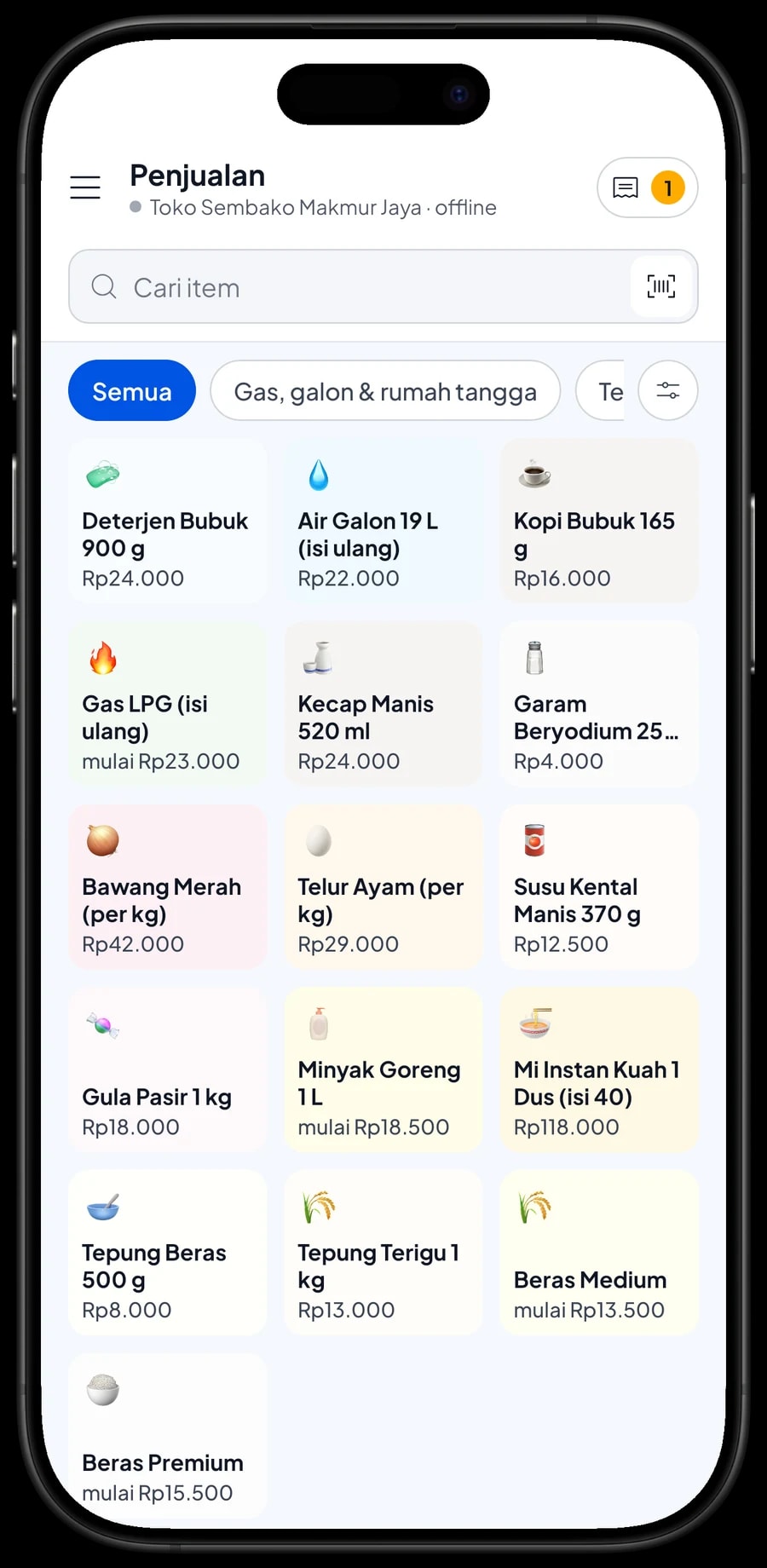 Layar Penjualan Toko Sembako Makmur Jaya: keranjang berisi Kecap Manis 520 ml dan Gas LPG 3 kg