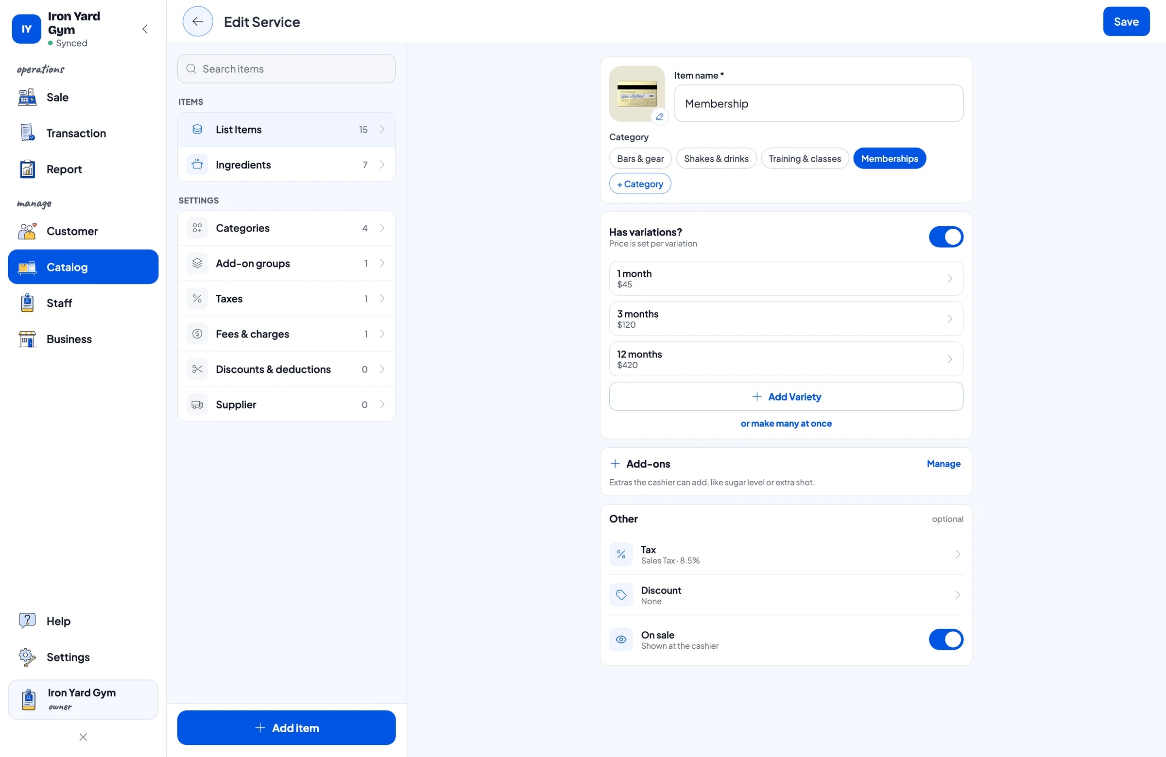 Editing the Membership item with 1 month, 3 months and 12 months variants, each with its own price