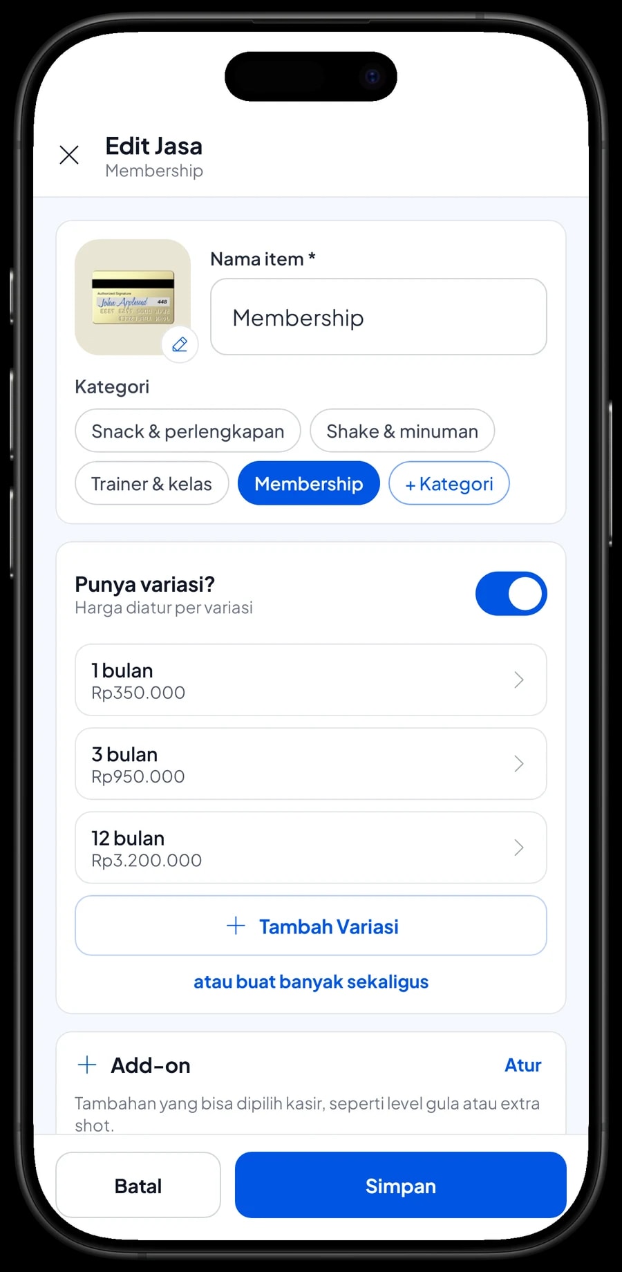 Edit item Membership dengan varian 1 bulan, 3 bulan dan 12 bulan, masing-masing dengan harga sendiri