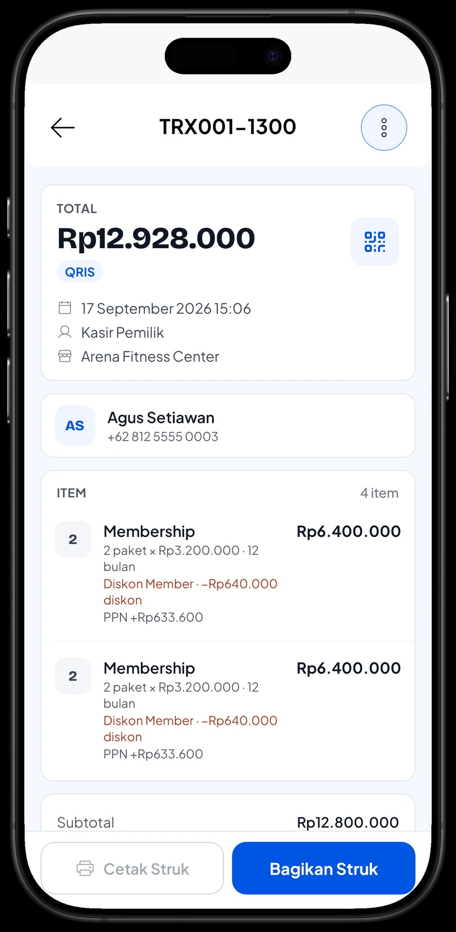 Detail satu transaksi Arena Fitness Center dengan item yang dibeli, PPN, metode bayar dan total