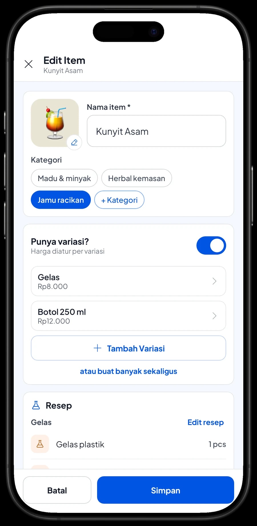 Edit item Kunyit Asam dengan varian Gelas dan Botol 250 ml, masing-masing dengan harganya sendiri