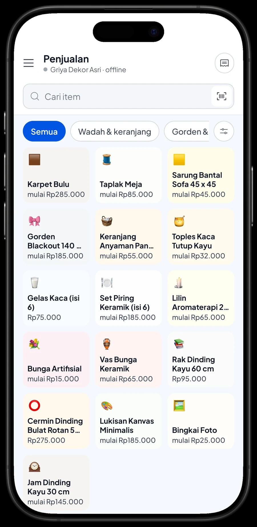 Layar Penjualan Griya Dekor Asri: Sarung Bantal Sofa Mustard dan Rak Dinding Kayu 60 cm di keranjang, dengan poin pelanggan
