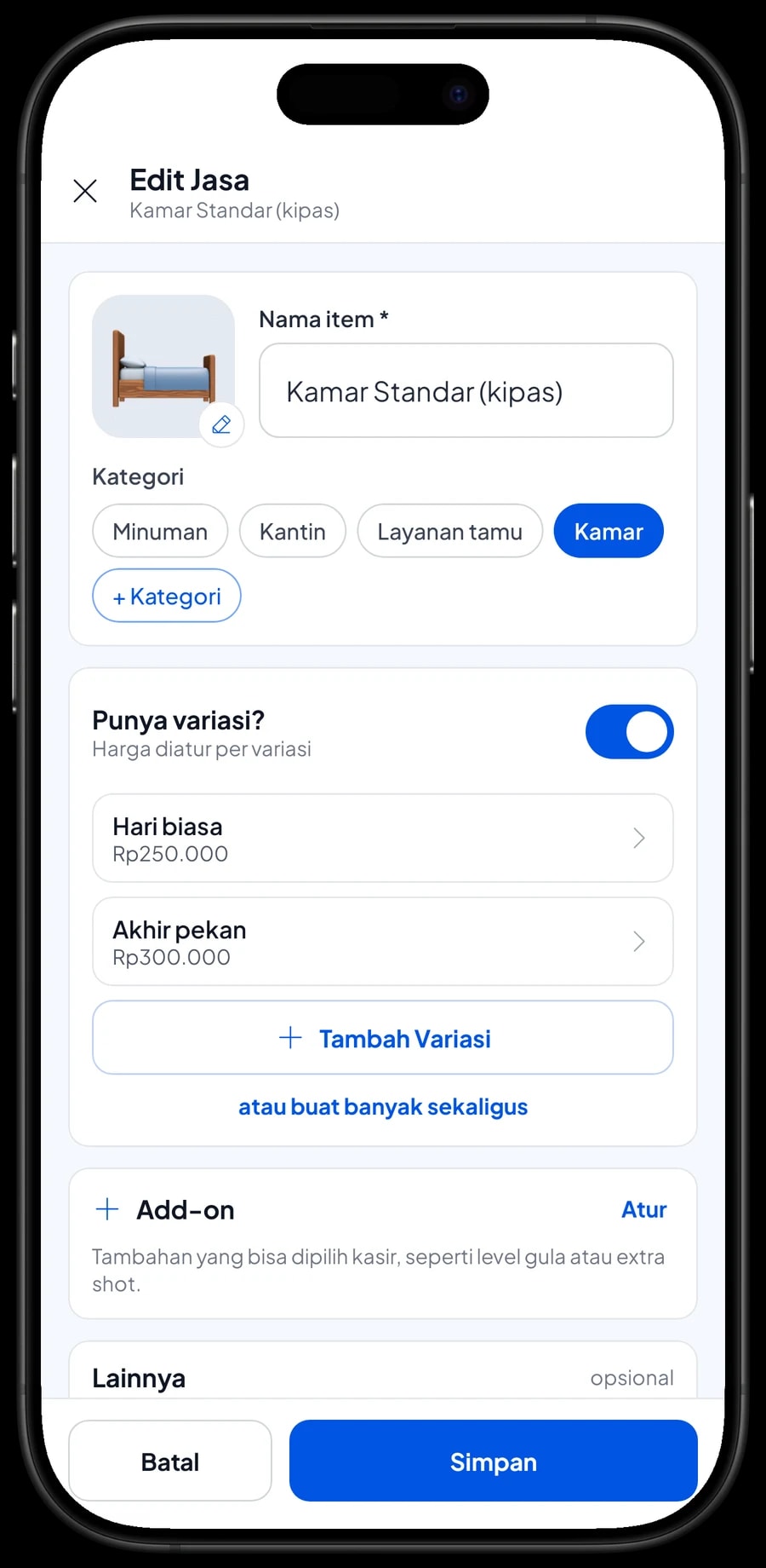Edit item Kamar Standar (kipas): varian Hari biasa dan Akhir pekan dengan harga per malam masing-masing