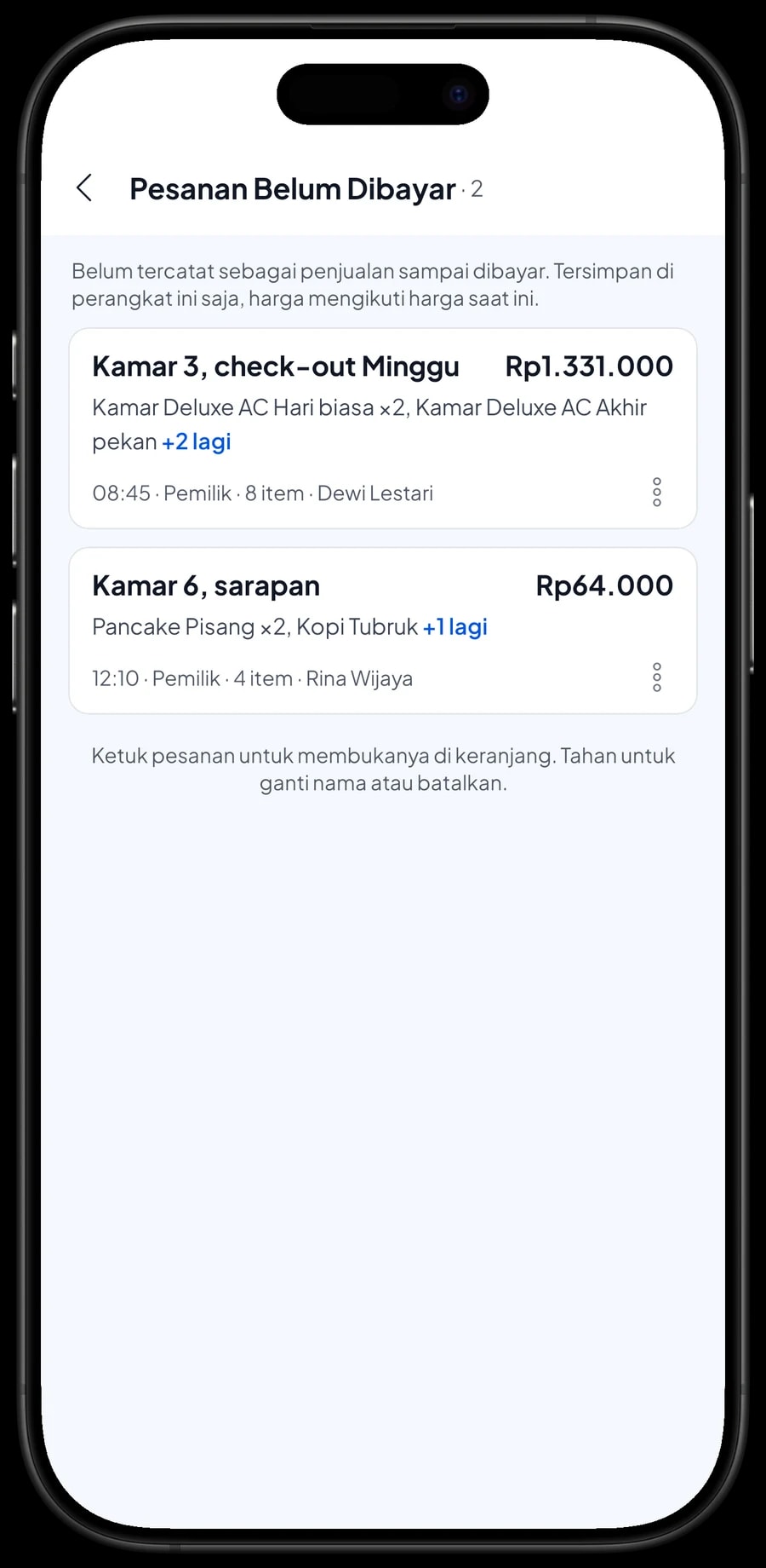 Daftar Pesanan Belum Dibayar: Kamar 3 check-out Minggu dan sarapan Kamar 6 yang masuk tagihan kamar