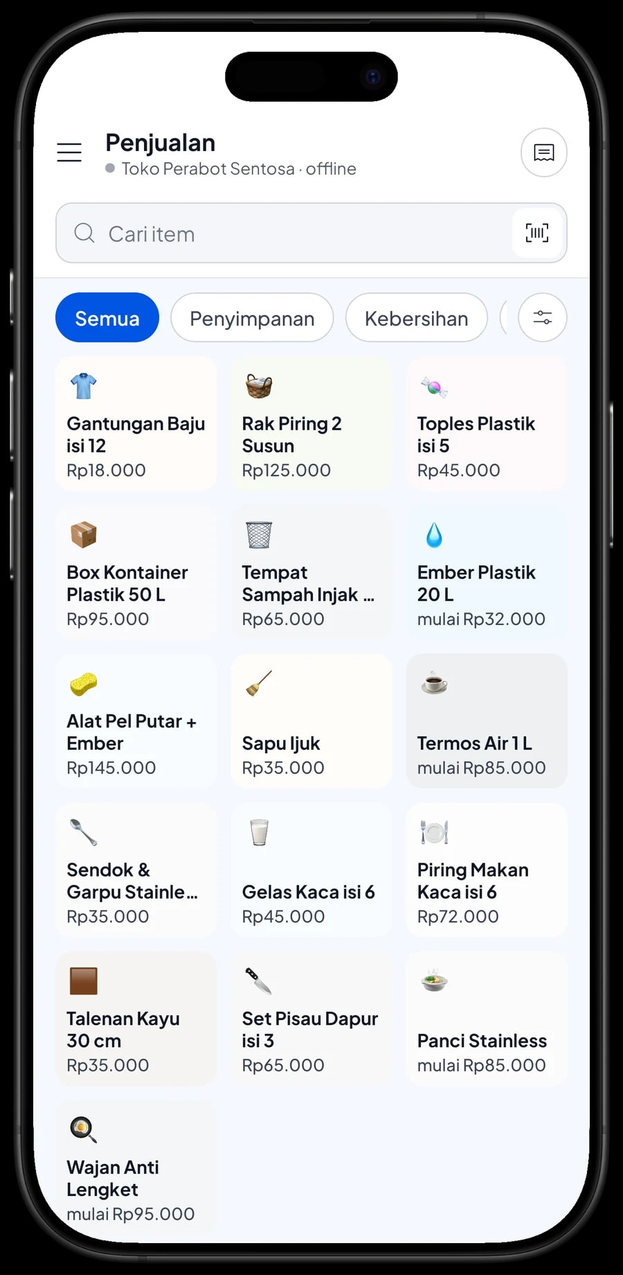 Layar Penjualan Toko Perabot Sentosa dengan kategori peralatan masak, makan & minum, kebersihan dan penyimpanan, serta keranjang