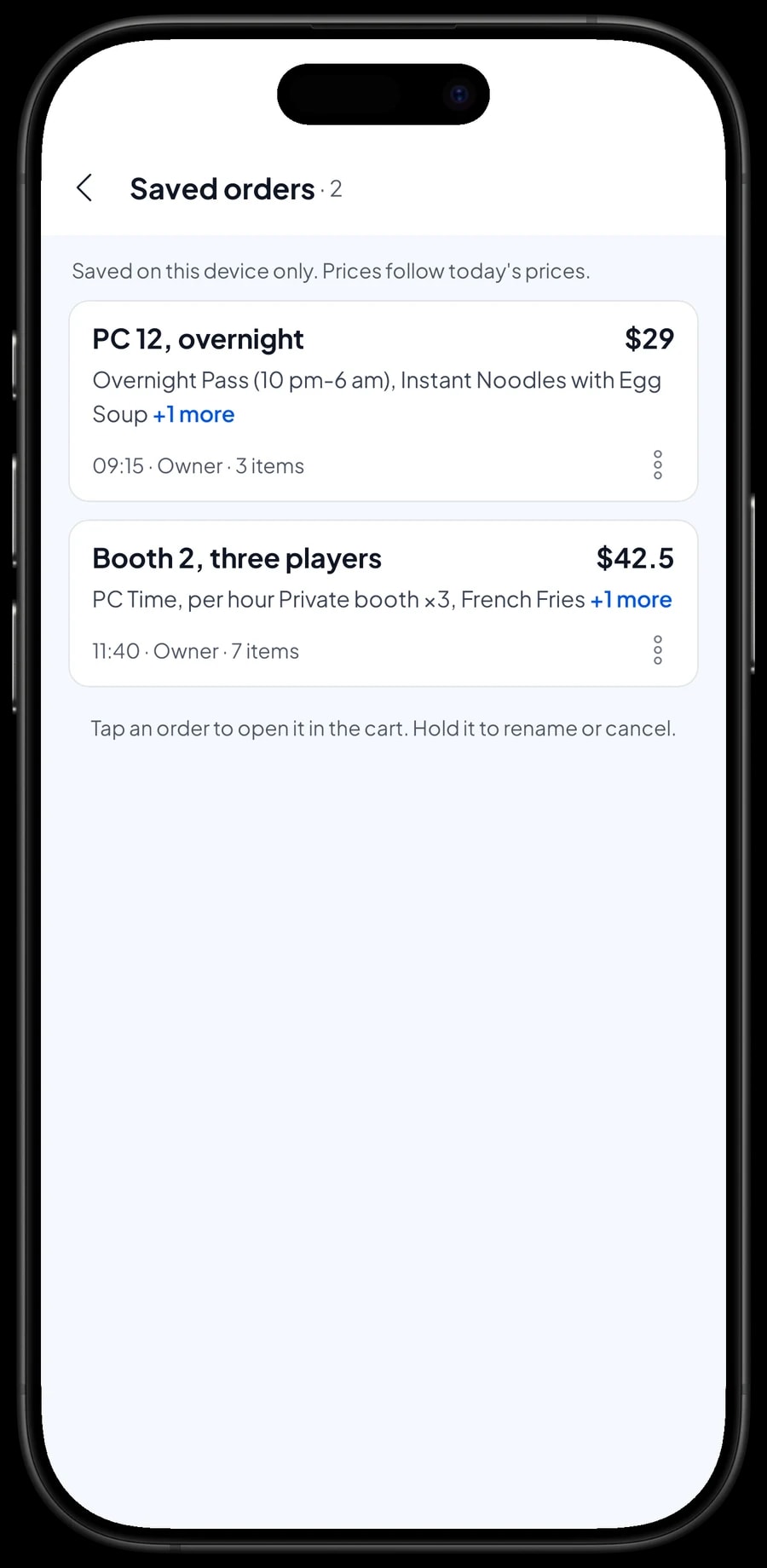 Saved orders waiting to be paid: PC 12 on an overnight pass and Booth 2 with three players
