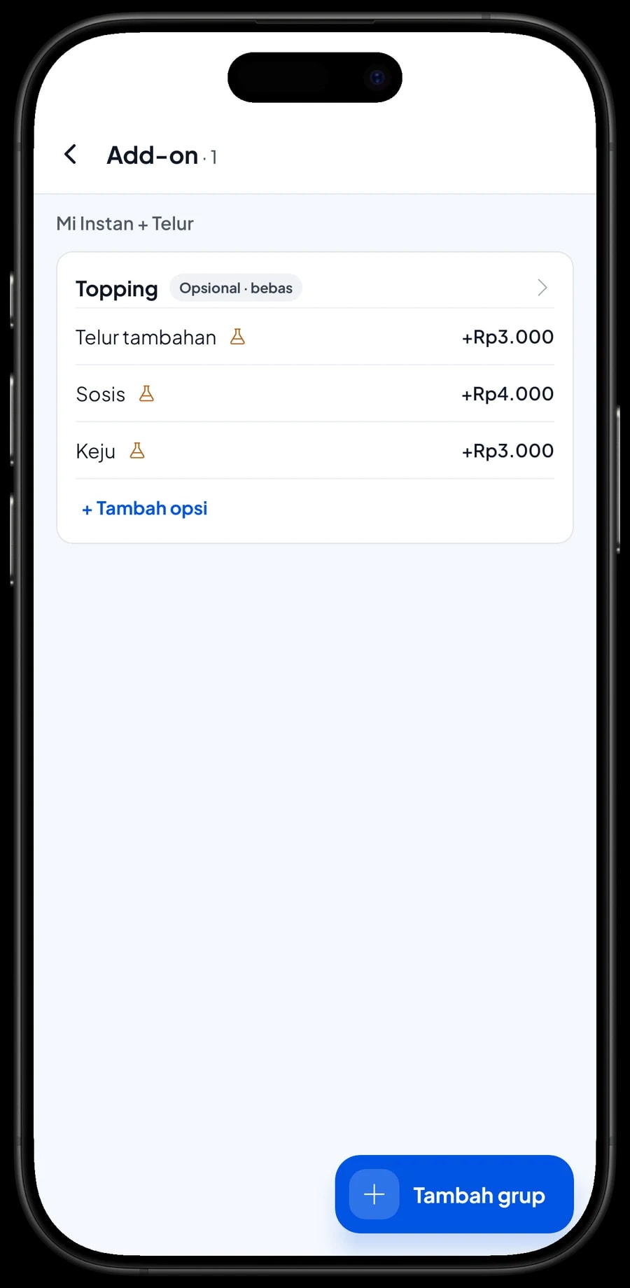 Add-on Topping untuk Mi Instan + Telur: telur tambahan, sosis dan keju dengan harga masing-masing